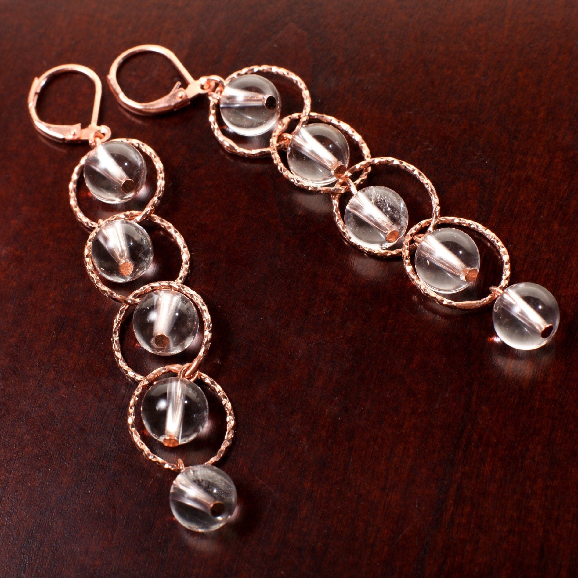 Brazilian Rock Crystal Clear Quartz Dangling Rose Gold Circle Earrings