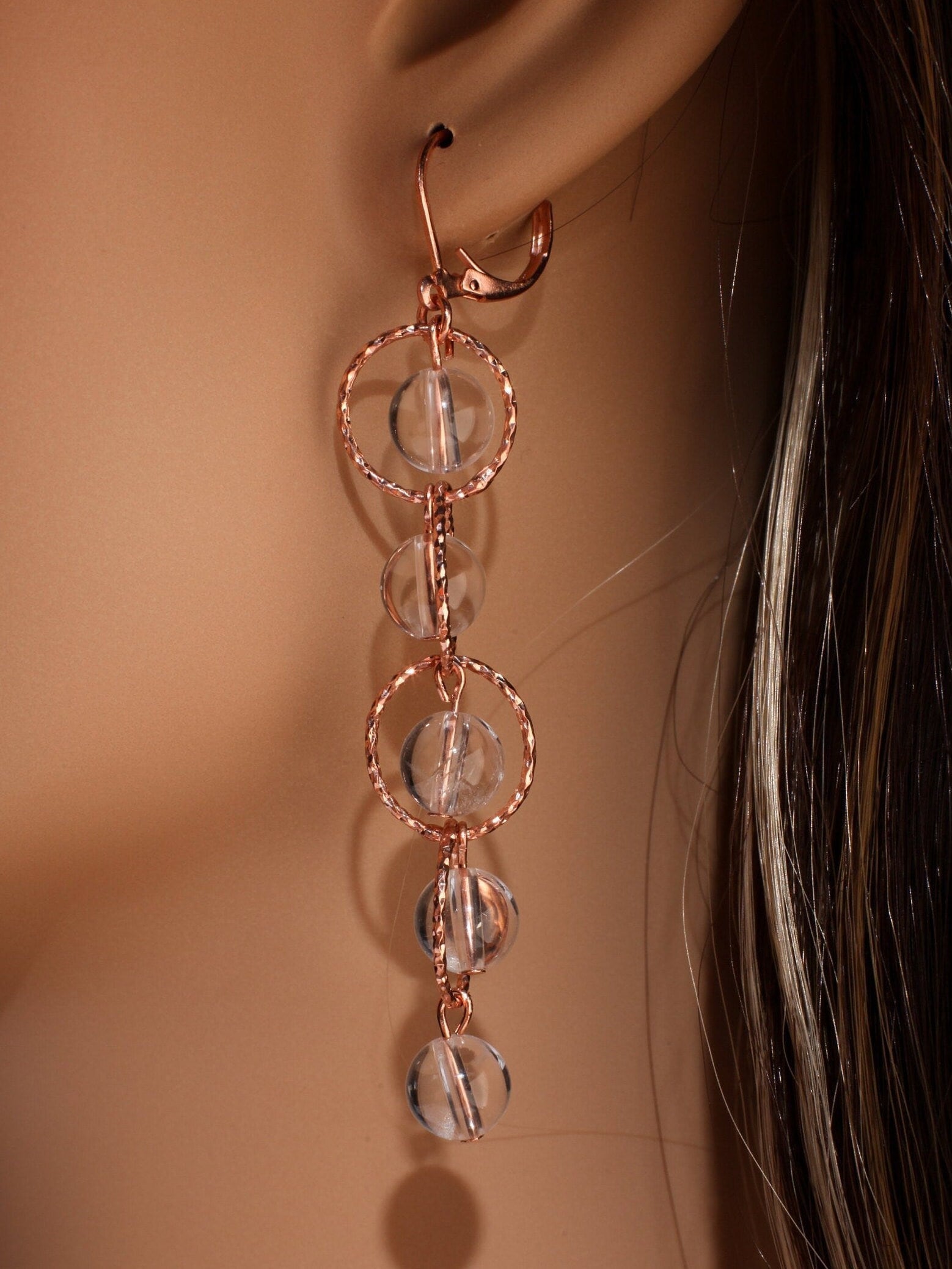 Brazilian Rock Crystal Clear Quartz Dangling Rose Gold Circle Earrings