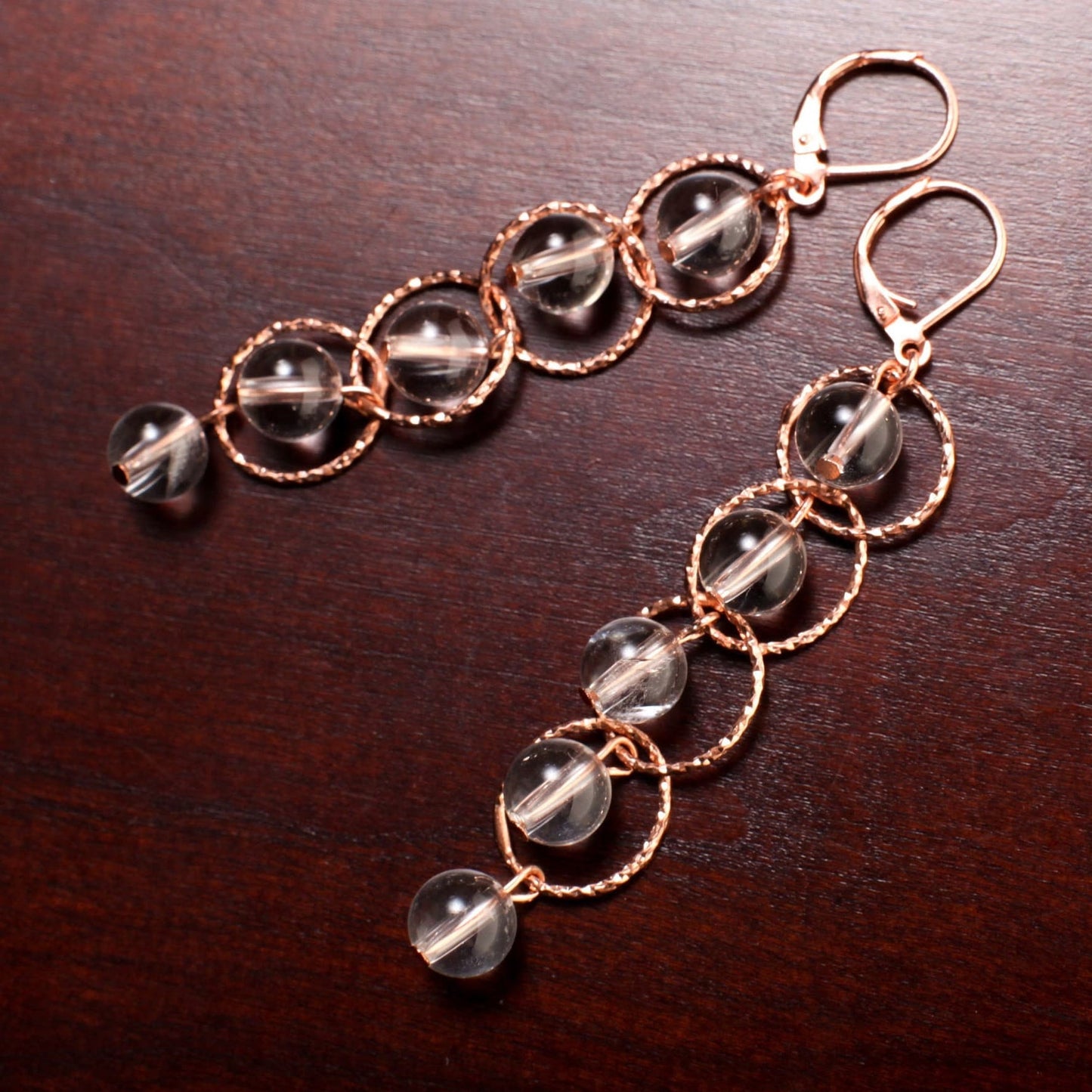 Brazilian Rock Crystal Clear Quartz Dangling Rose Gold Circle Earrings