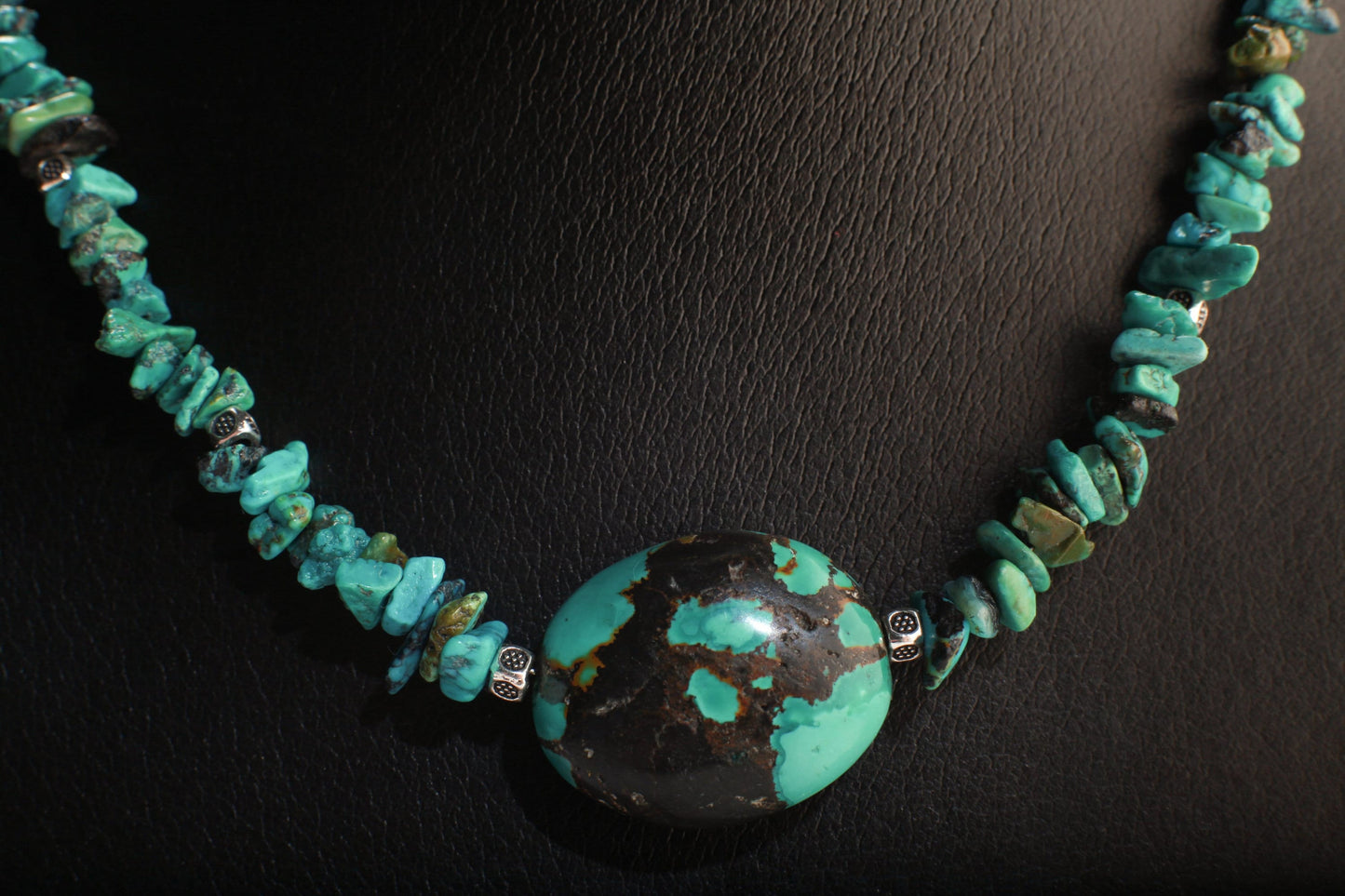 Turquoise Pendant Necklace, Natural Tibetan Turquoise Necklace with Finest Spiderweb Oval Pebble Pendant 17" Necklace, Extend up to 3"