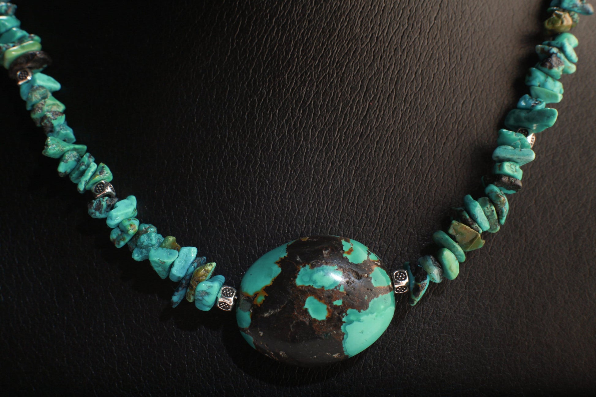 Turquoise Pendant Necklace, Natural Tibetan Turquoise Necklace with Finest Spiderweb Oval Pebble Pendant 17" Necklace, Extend up to 3"