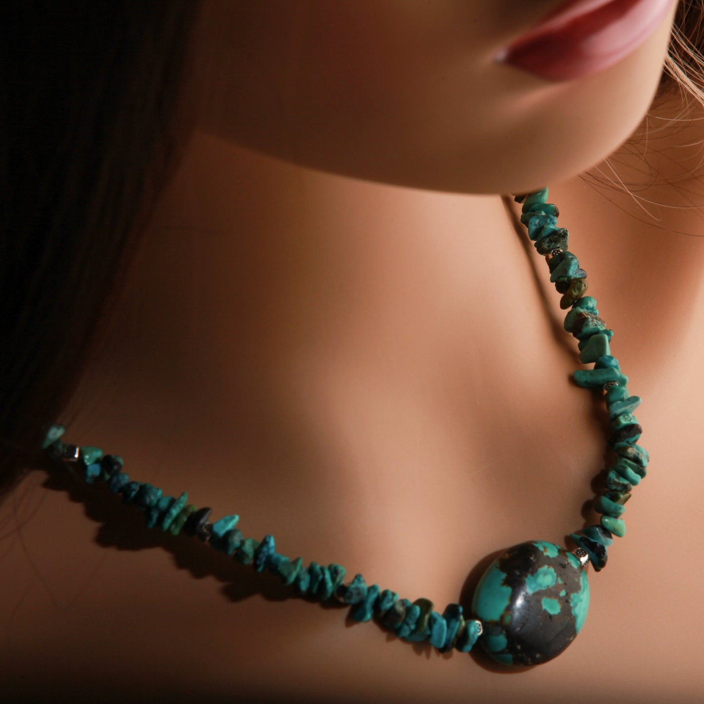 Turquoise Pendant Necklace, Natural Tibetan Turquoise Necklace with Finest Spiderweb Oval Pebble Pendant 17" Necklace, Extend up to 3"