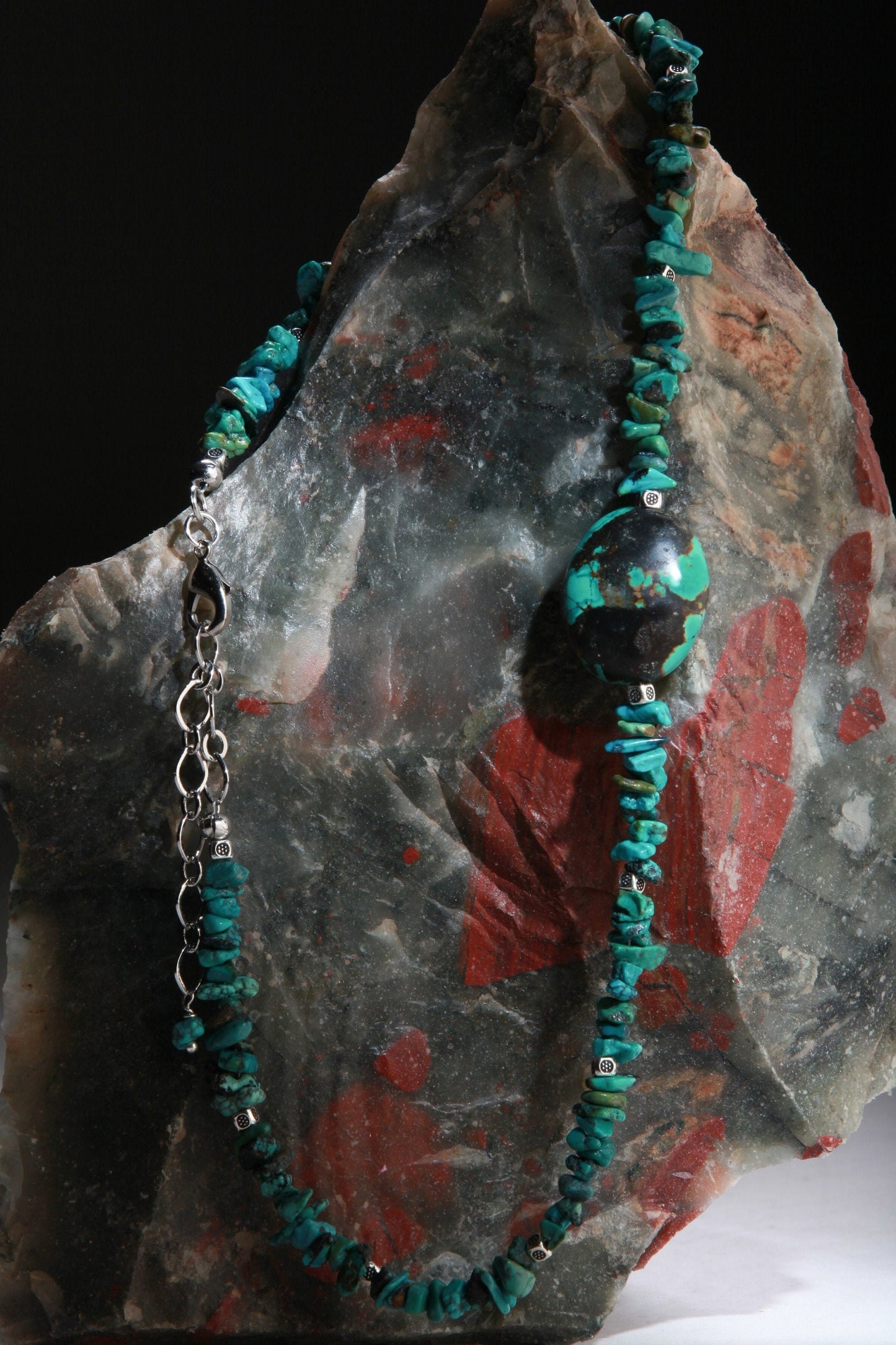 Turquoise Pendant Necklace, Natural Tibetan Turquoise Necklace with Finest Spiderweb Oval Pebble Pendant 17" Necklace, Extend up to 3"