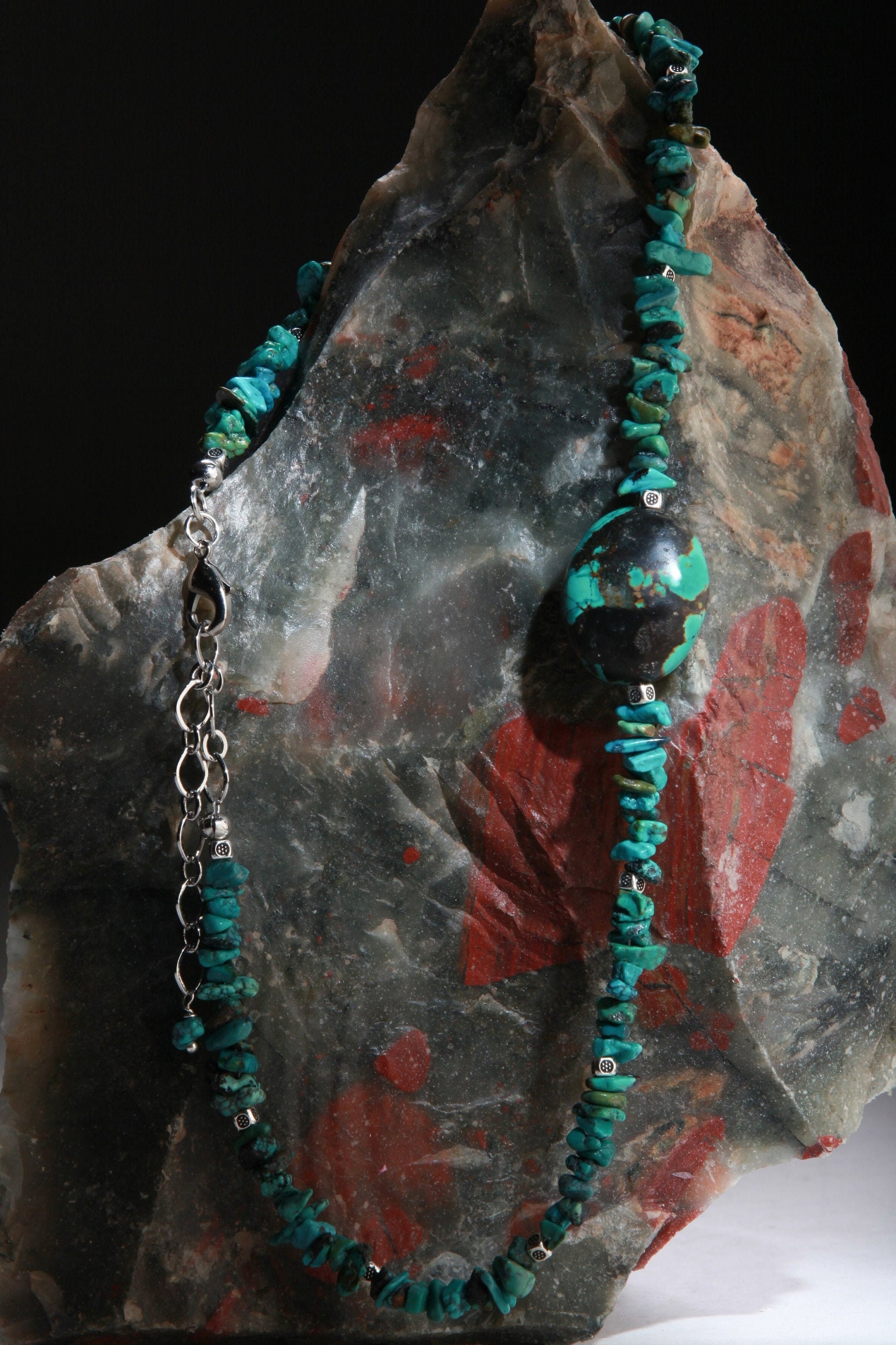 Turquoise Pendant Necklace, Natural Tibetan Turquoise Necklace with Finest Spiderweb Oval Pebble Pendant 17" Necklace, Extend up to 3"