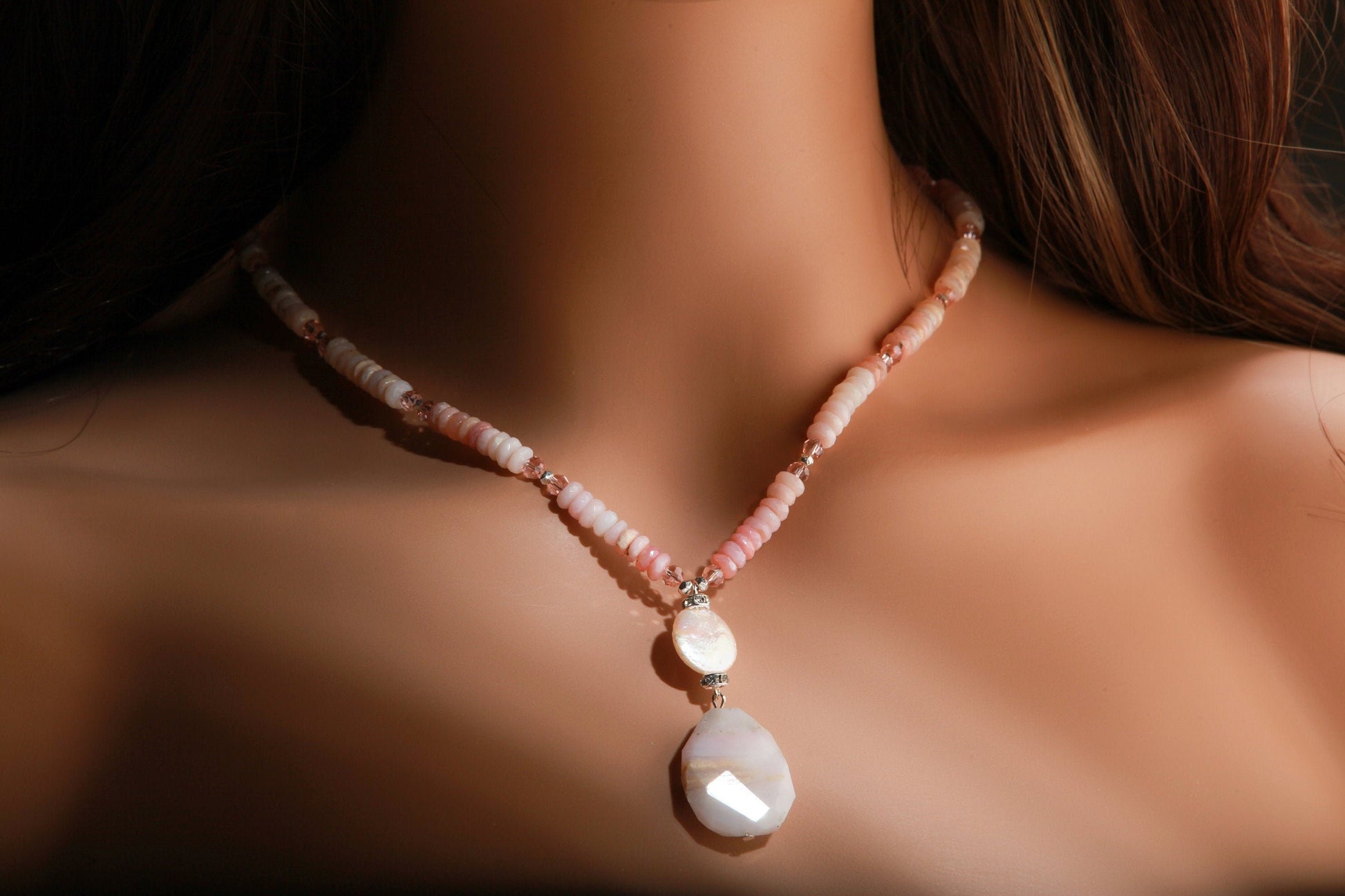 Pink Peruvian Opal Faceted Rondelle Necklace with dangling Free Form Opal Pendant and Accented with Freshwater Coin Pearl in 20" Necklace