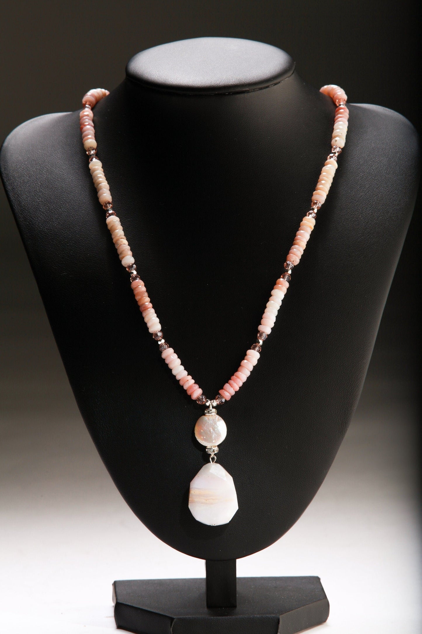 Pink Peruvian Opal Faceted Rondelle Necklace with dangling Free Form Opal Pendant and Accented with Freshwater Coin Pearl in 20&quot; Necklace
