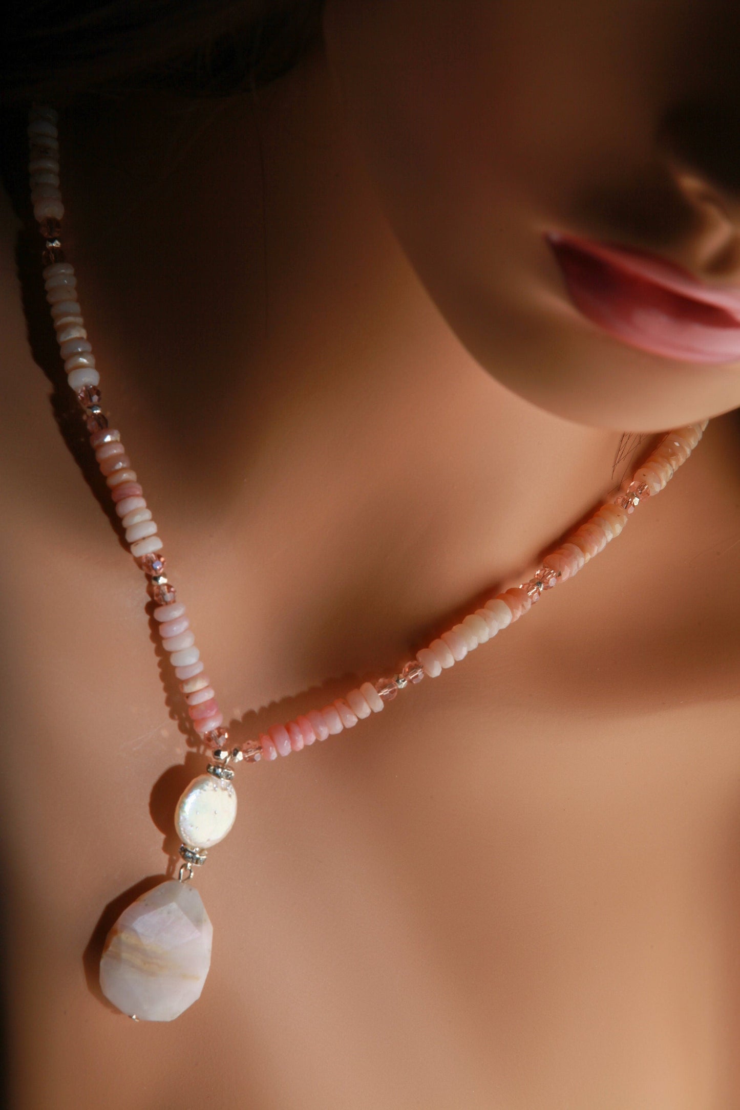 Pink Peruvian Opal Faceted Rondelle Necklace with dangling Free Form Opal Pendant and Accented with Freshwater Coin Pearl in 20" Necklace