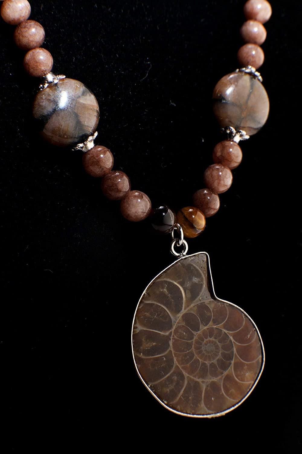Ammonite Fossil Bezel Pendant Necklace Chiastolite Bead Spacers, Tiger Eye, Brown Jasper Round Bali Style Toggle Clasp 20" vintage Necklace