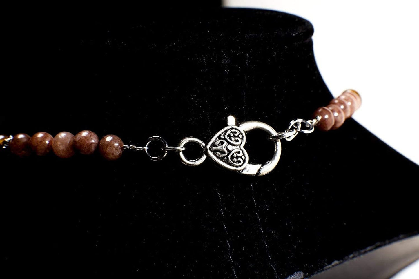 Ammonite Fossil Bezel Pendant Necklace Chiastolite Bead Spacers, Tiger Eye, Brown Jasper Round Bali Style Toggle Clasp 20" vintage Necklace