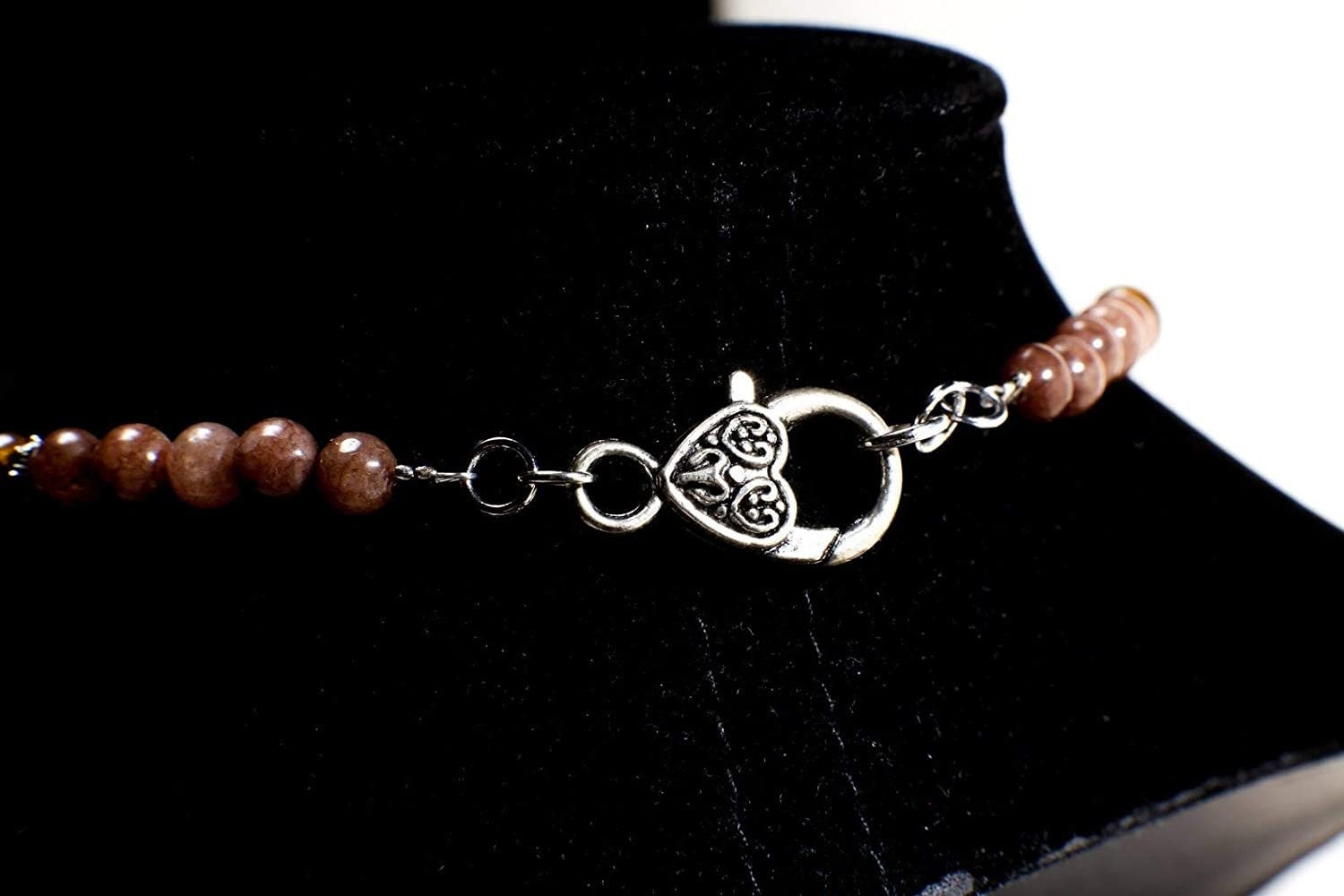 Ammonite Fossil Bezel Pendant Necklace Chiastolite Bead Spacers, Tiger Eye, Brown Jasper Round Bali Style Toggle Clasp 20" vintage Necklace