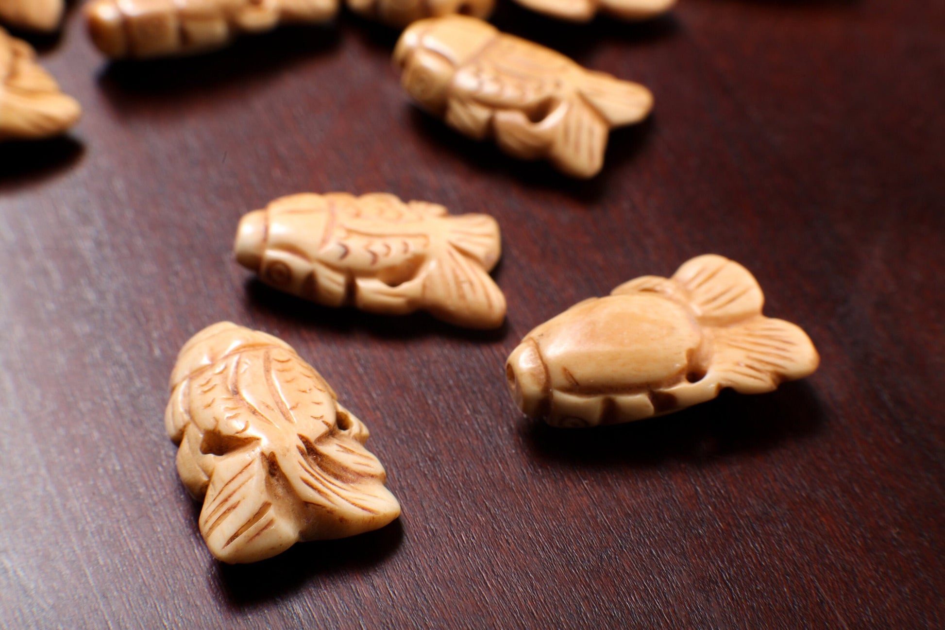 Carved Buffalo Bone Gold Fish, Tropical Fish 18x25mm, Hand Crafted Animal Figurine Drilled Bead, Art Deco