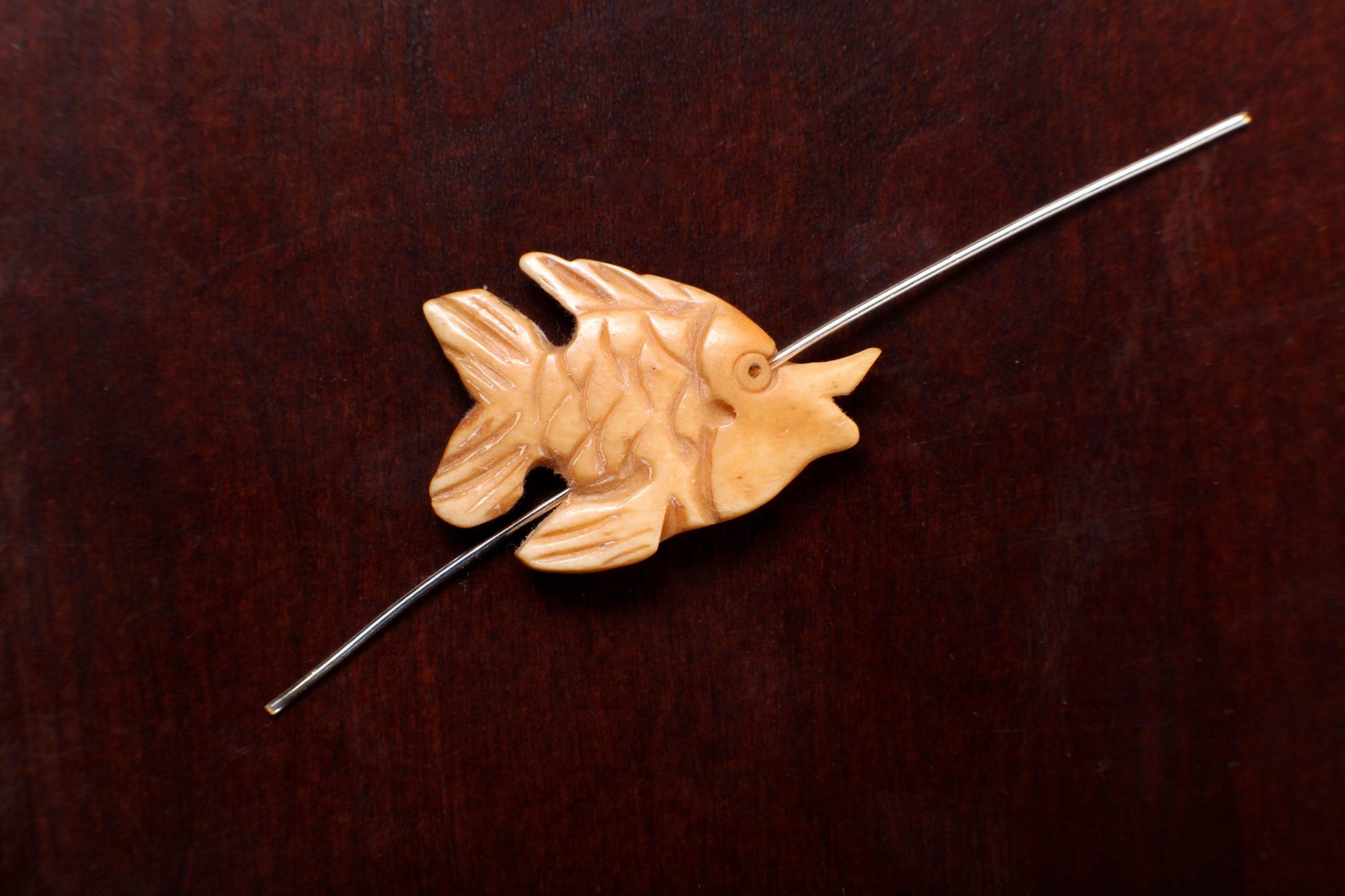 Carved Buffalo Bone Gold Fish, Tropical Fish 18x25mm, Hand Crafted Animal Figurine Drilled Bead, Art Deco