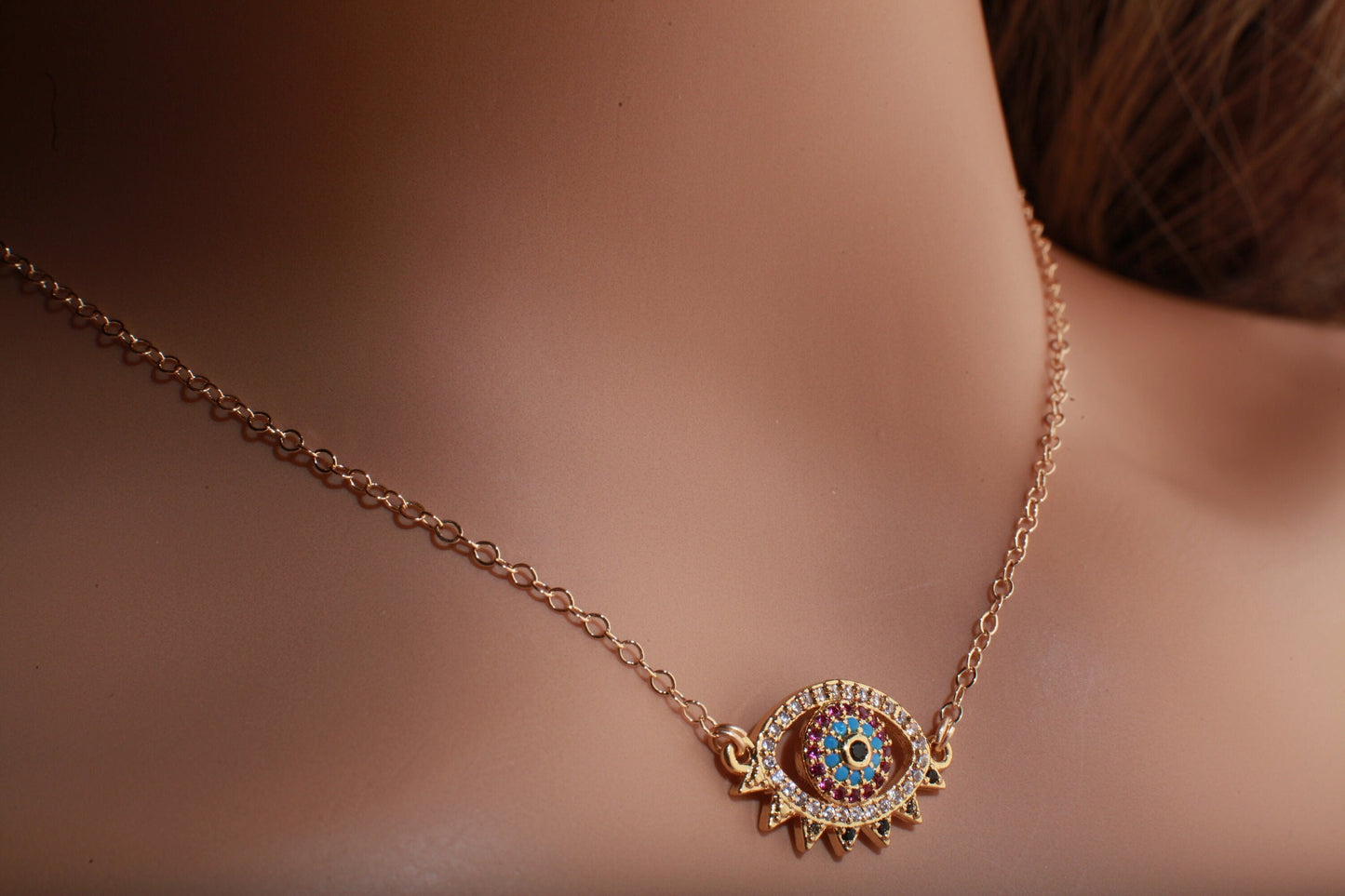 Evil Eye CZ Pendant 14K Gold Filled Chain Necklace, Evil Eye Protection Charm Necklace, Cubic Zirconia Jewelry Gold Lucky Charm Necklace
