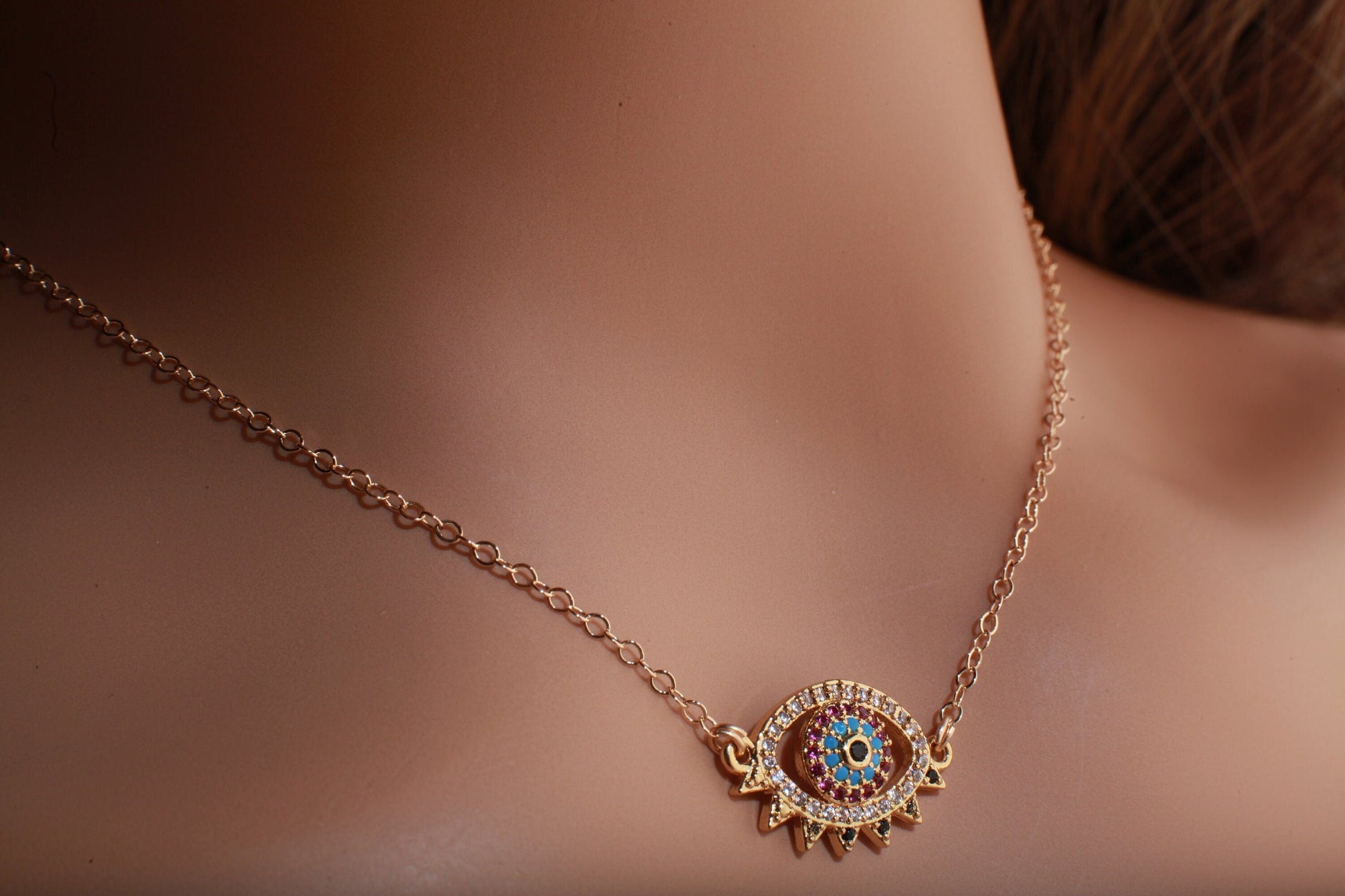 Evil Eye CZ Pendant 14K Gold Filled Chain Necklace, Evil Eye Protection Charm Necklace, Cubic Zirconia Jewelry Gold Lucky Charm Necklace