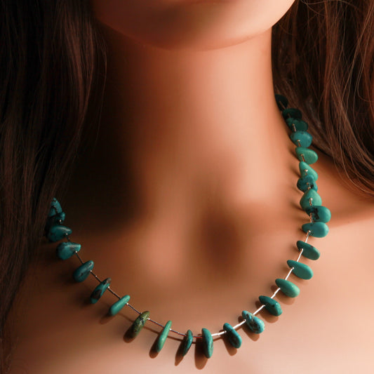 Natural Tibetan Turquoise Teardrop Necklace with 925 Sterling Silver Clasp and Liquid Silver 21" Navajo Fetish Necklace