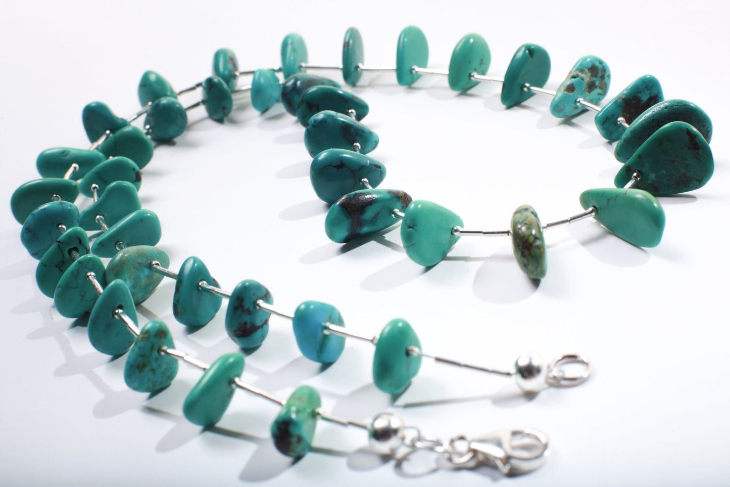 Natural Tibetan Turquoise Teardrop Necklace with 925 Sterling Silver Clasp and Liquid Silver 21" Navajo Fetish Necklace