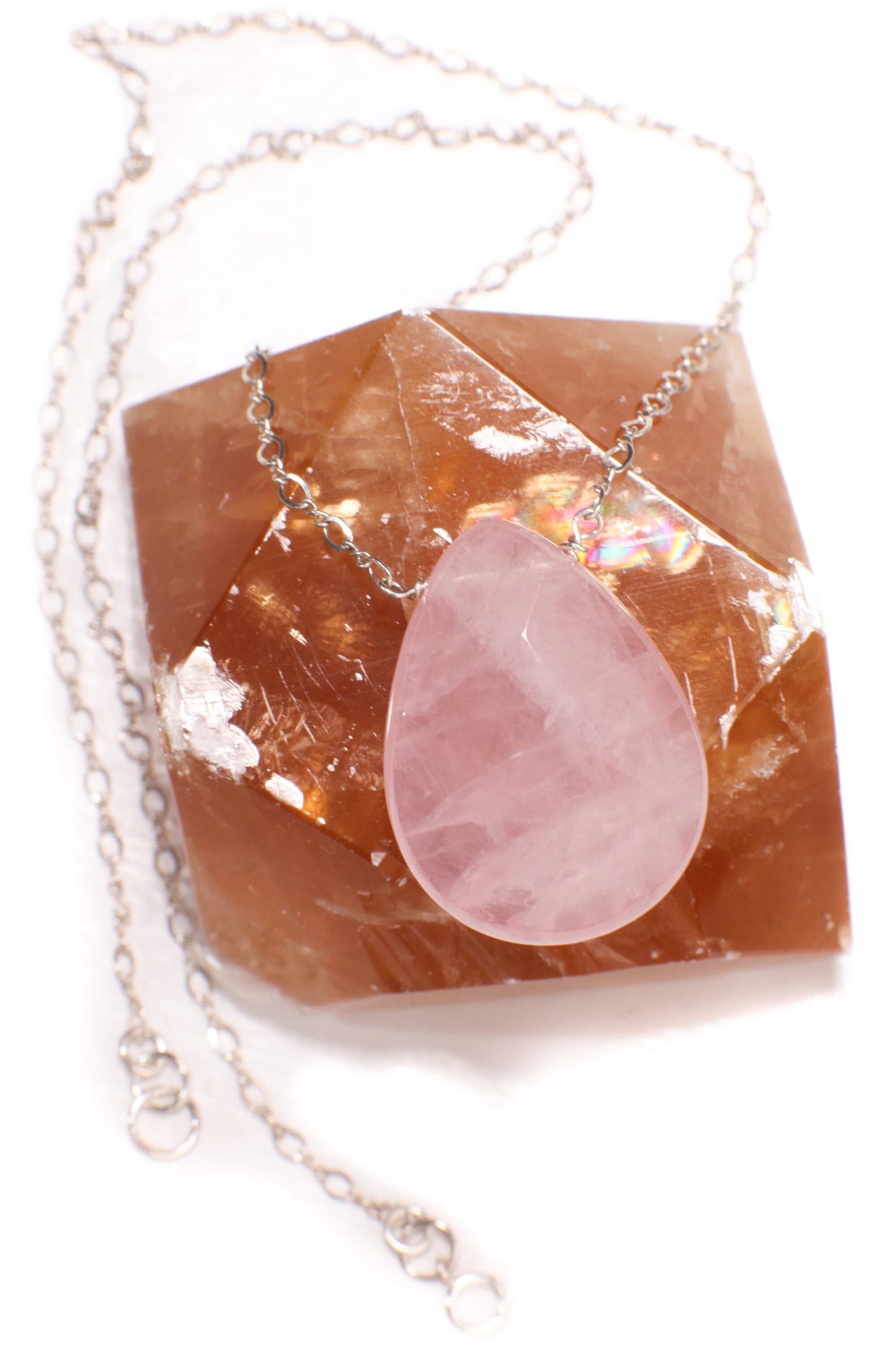 Madagascar Rose Quartz Faceted Pear Drop 18x25mm, Natural Gemstones in 925 Sterling Silver Chain or 14K Gold Filled Chain