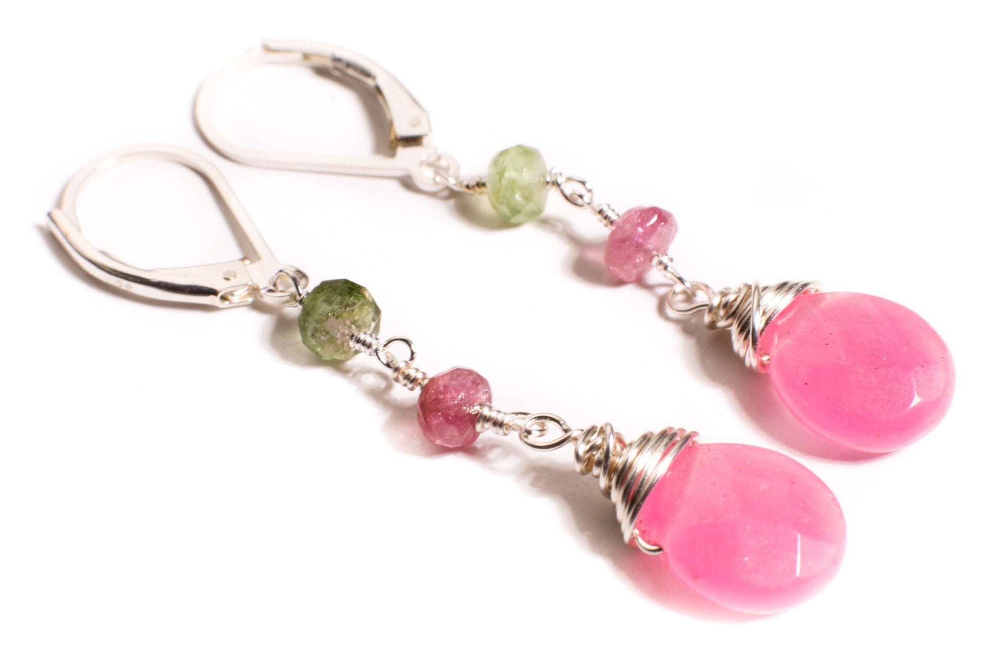 Watermelon Tourmaline Wire Wrapped Dangling Soft Pink Quartz Teardrop Earrings in 925 Sterling Silver Leverback or Ear wire, Handmade Gift