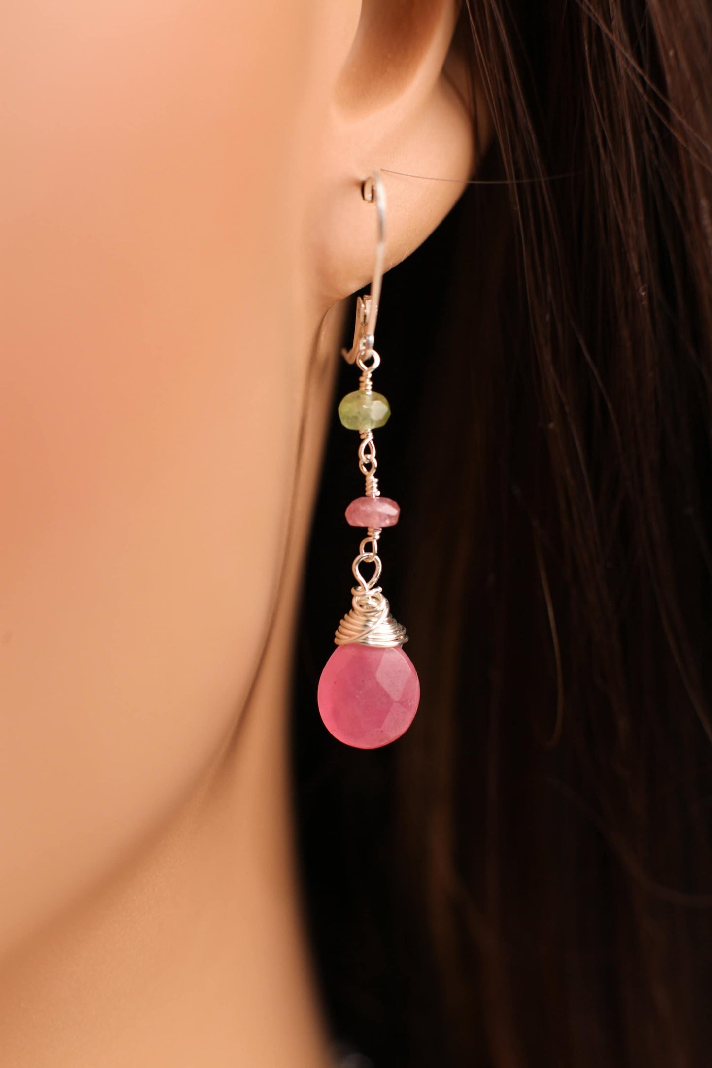 Watermelon Tourmaline Wire Wrapped Dangling Soft Pink Quartz Teardrop Earrings in 925 Sterling Silver Leverback or Ear wire, Handmade Gift