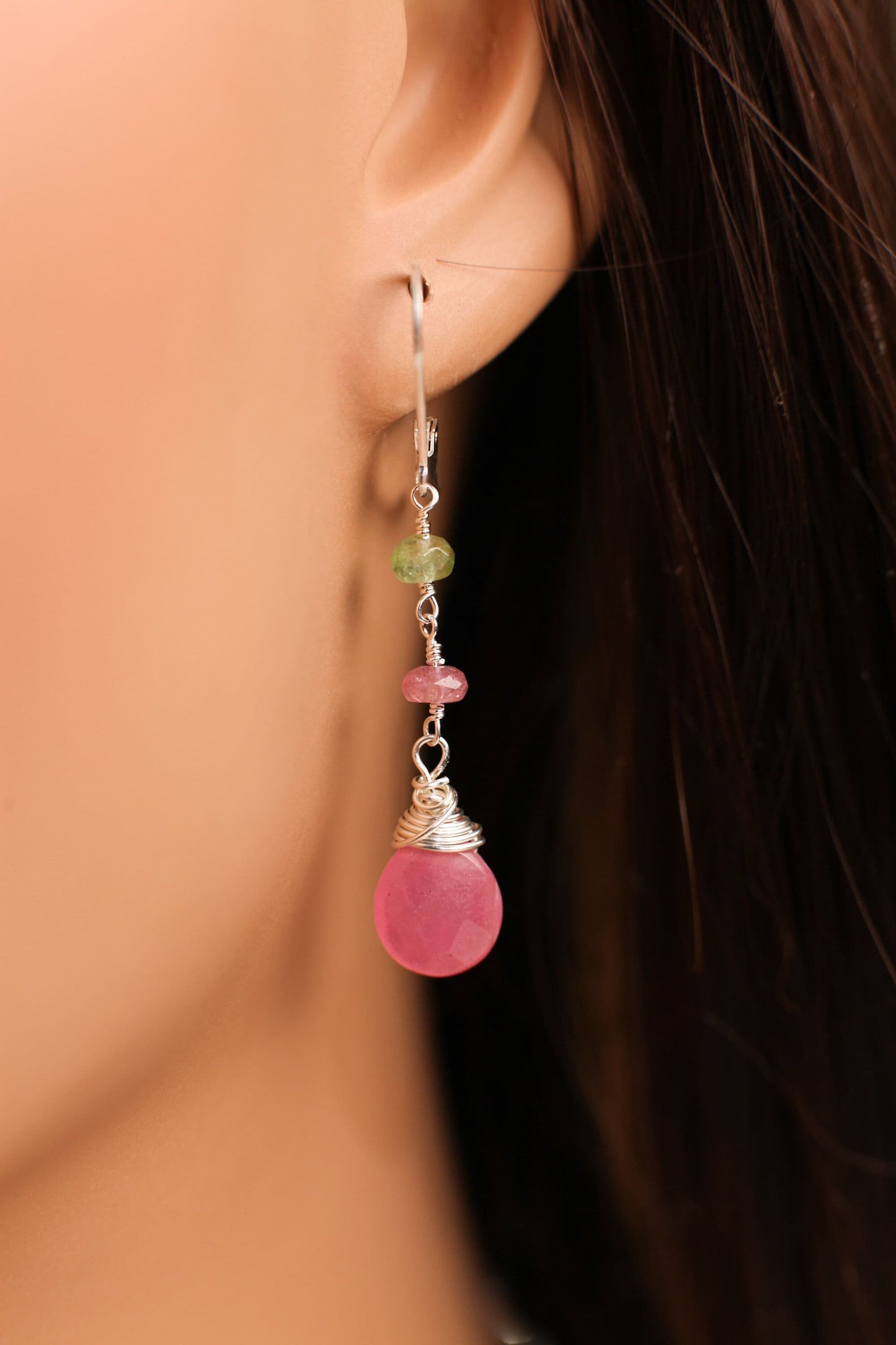 Watermelon Tourmaline Wire Wrapped Dangling Soft Pink Quartz Teardrop Earrings in 925 Sterling Silver Leverback or Ear wire, Handmade Gift