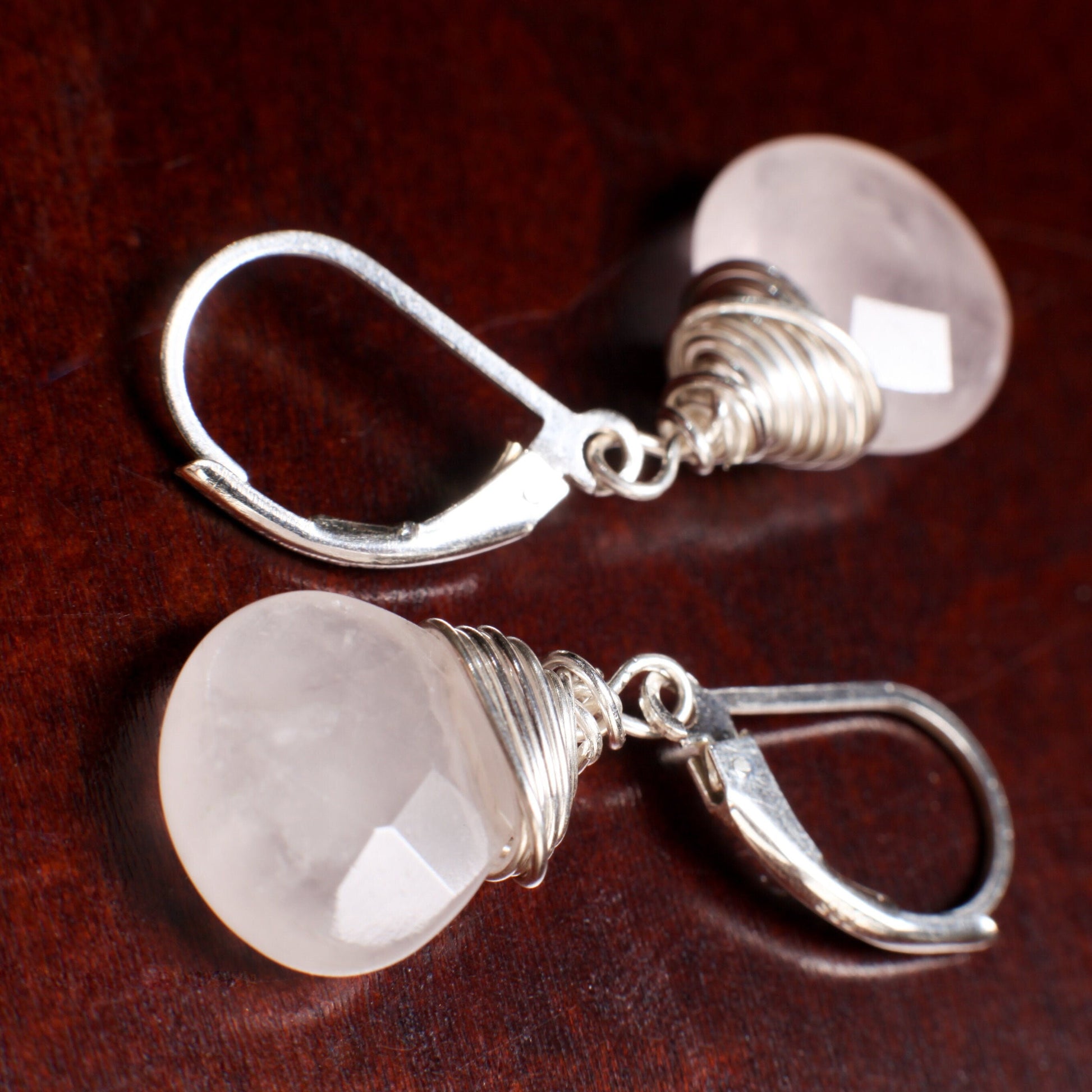 Natural Madagascar Rose Quartz Faceted Teardrop Wire Wrapped Rose Quartz 12mm Drop in Sterling Silver Leverback or Earwire