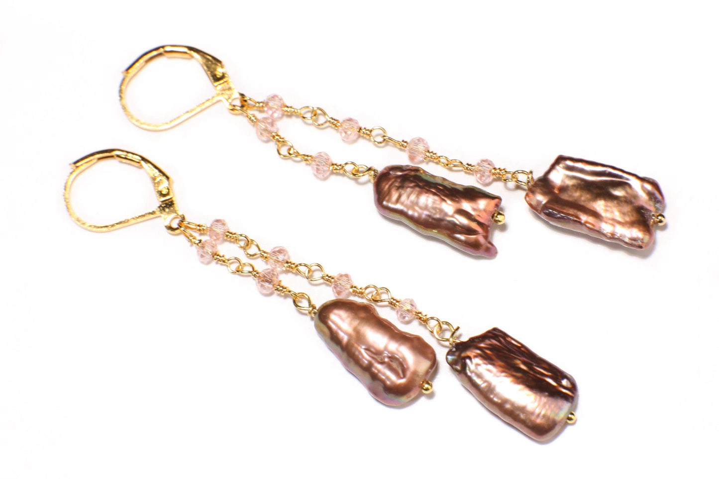 Freshwater Copper Keshi Stick Pearl Wire Wrapped Crystal Rondelle Dangling Gold Leverback Earrings, natural Boho, Beachwear, Handmade Gift