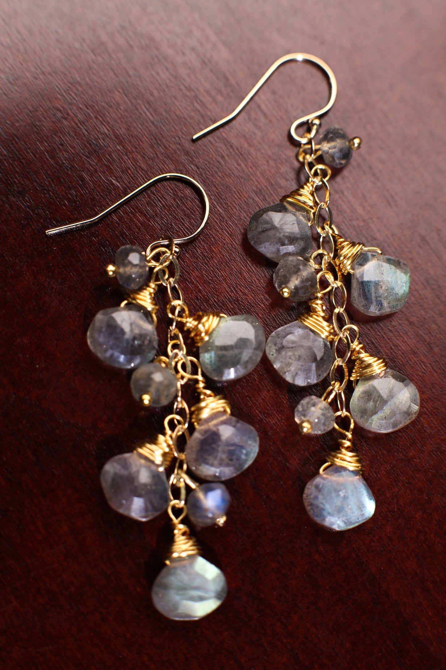 Labradorite Faceted Heart Pear Drop Cascade Dangling Wire Wrap Handmade 14K Gold Filled Earring