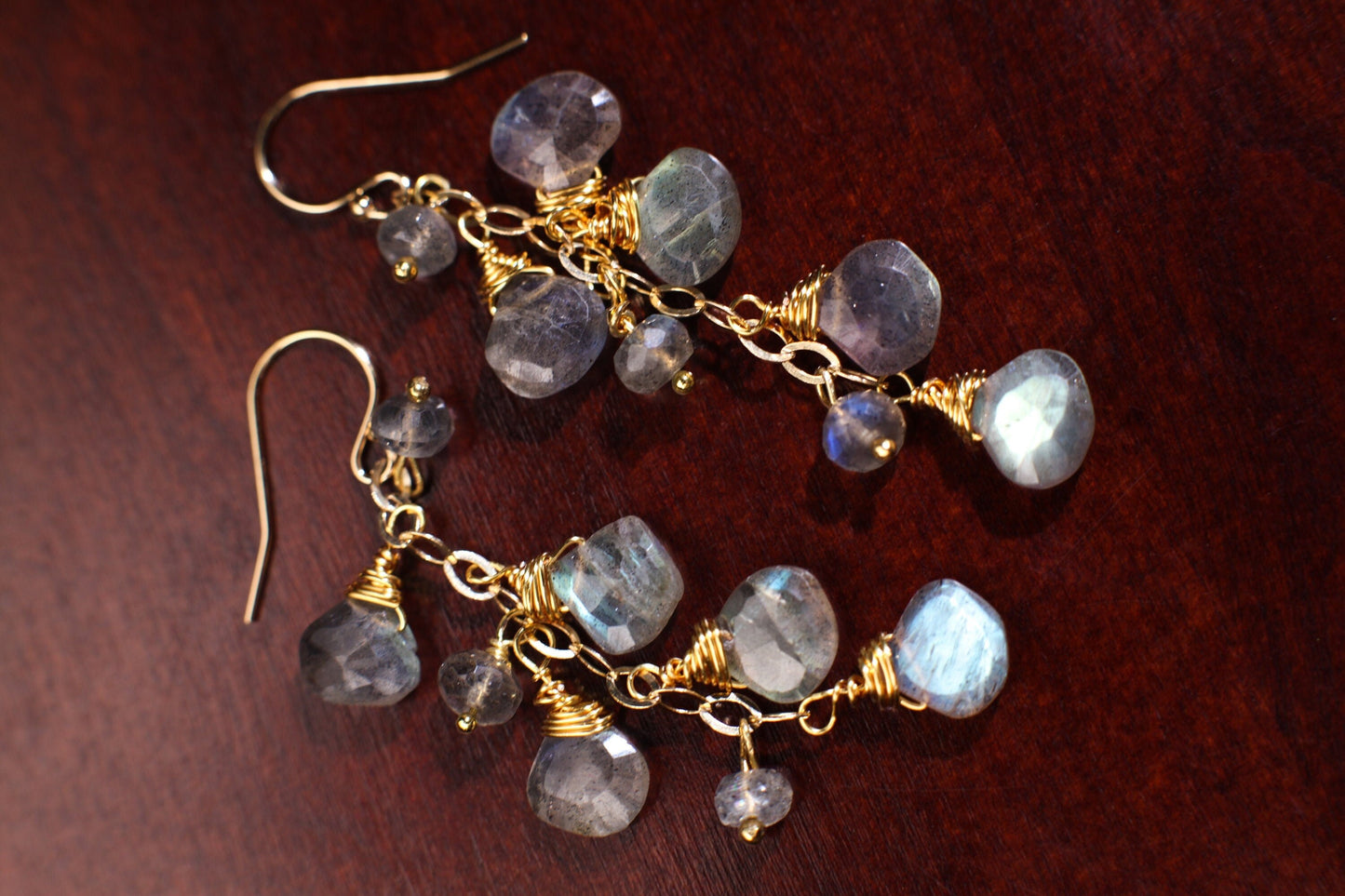 Labradorite Faceted Heart Pear Drop Cascade Dangling Wire Wrap Handmade 14K Gold Filled Earring