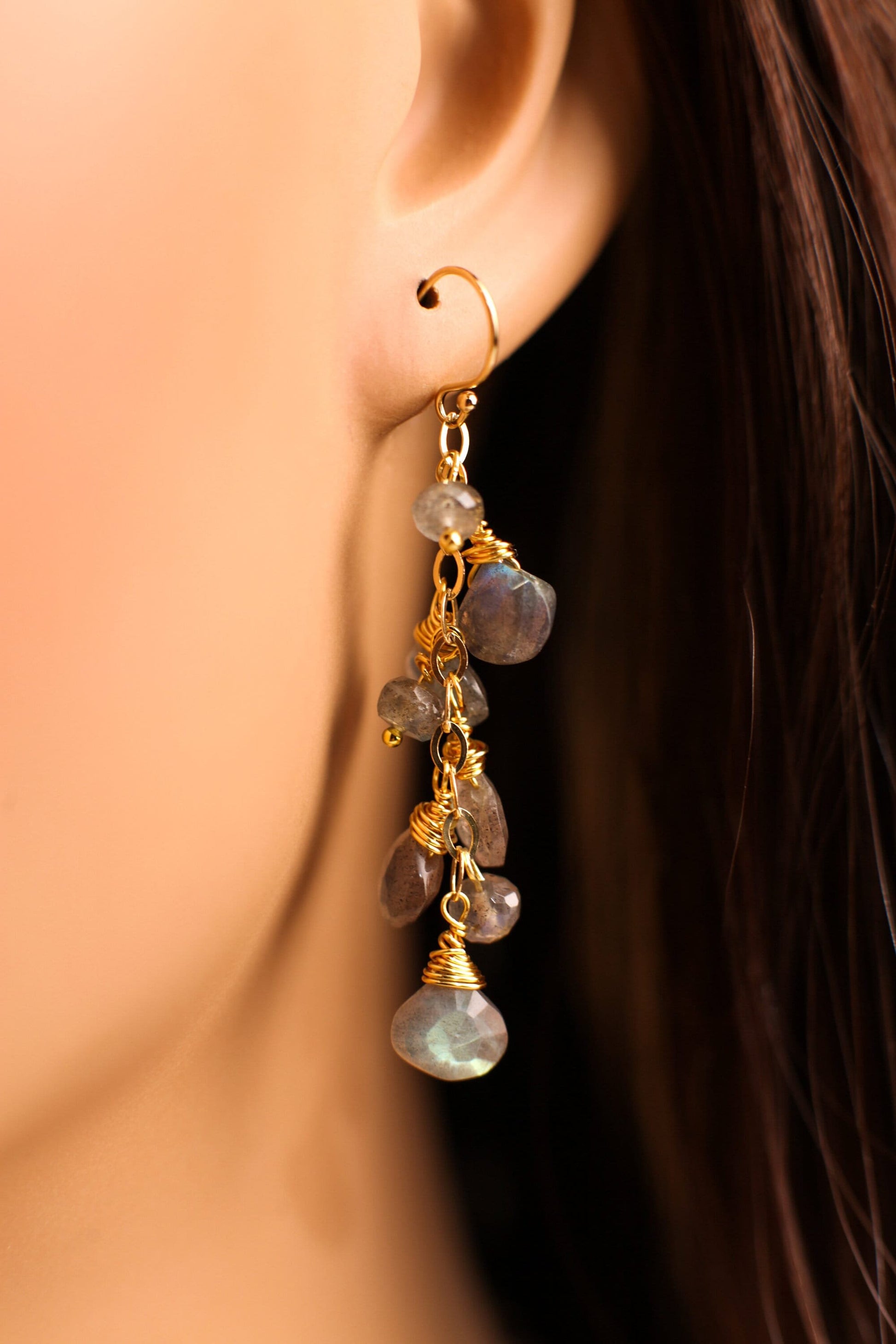 Labradorite Faceted Heart Pear Drop Cascade Dangling Wire Wrap Handmade 14K Gold Filled Earring