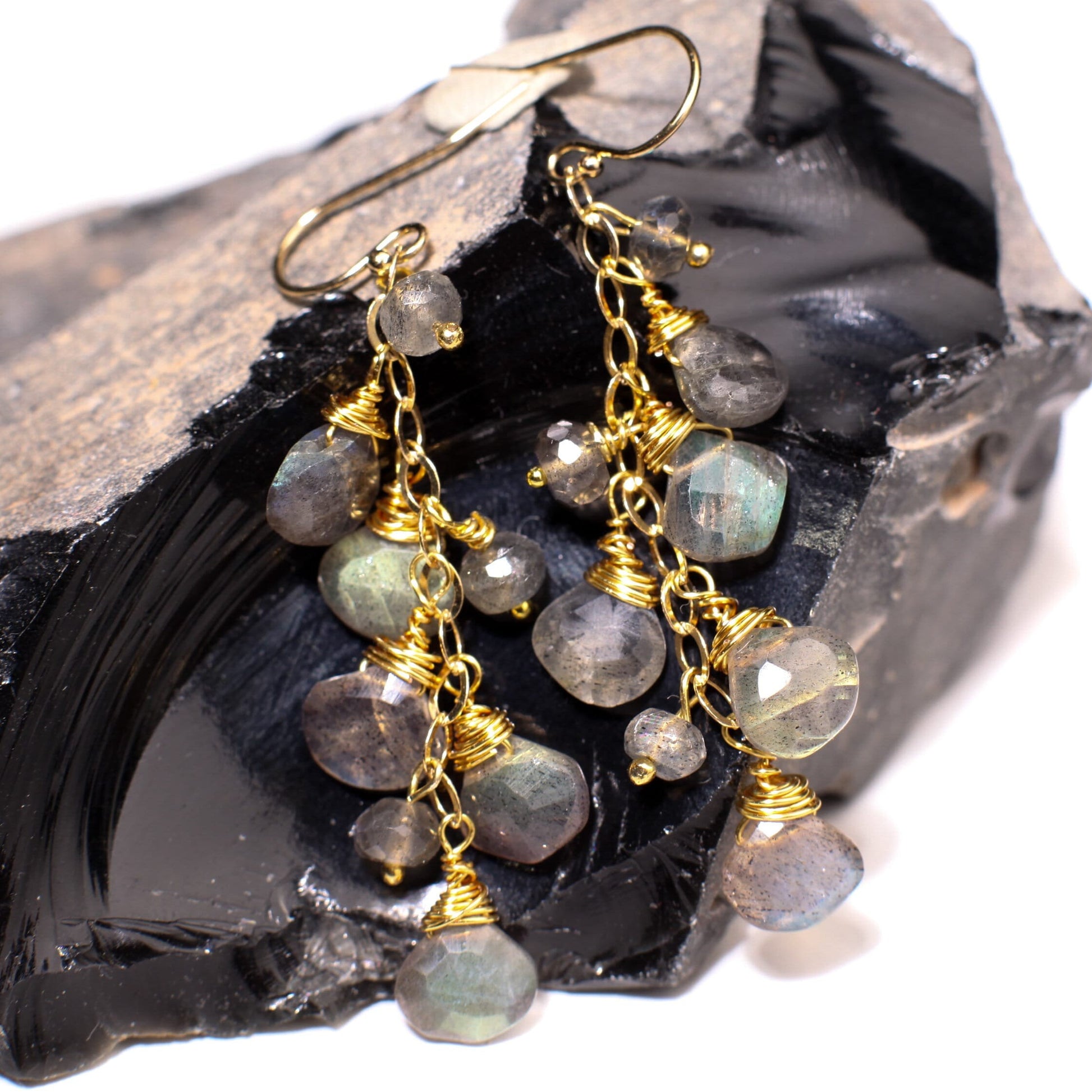 Labradorite Faceted Heart Pear Drop Cascade Dangling Wire Wrap Handmade 14K Gold Filled Earring