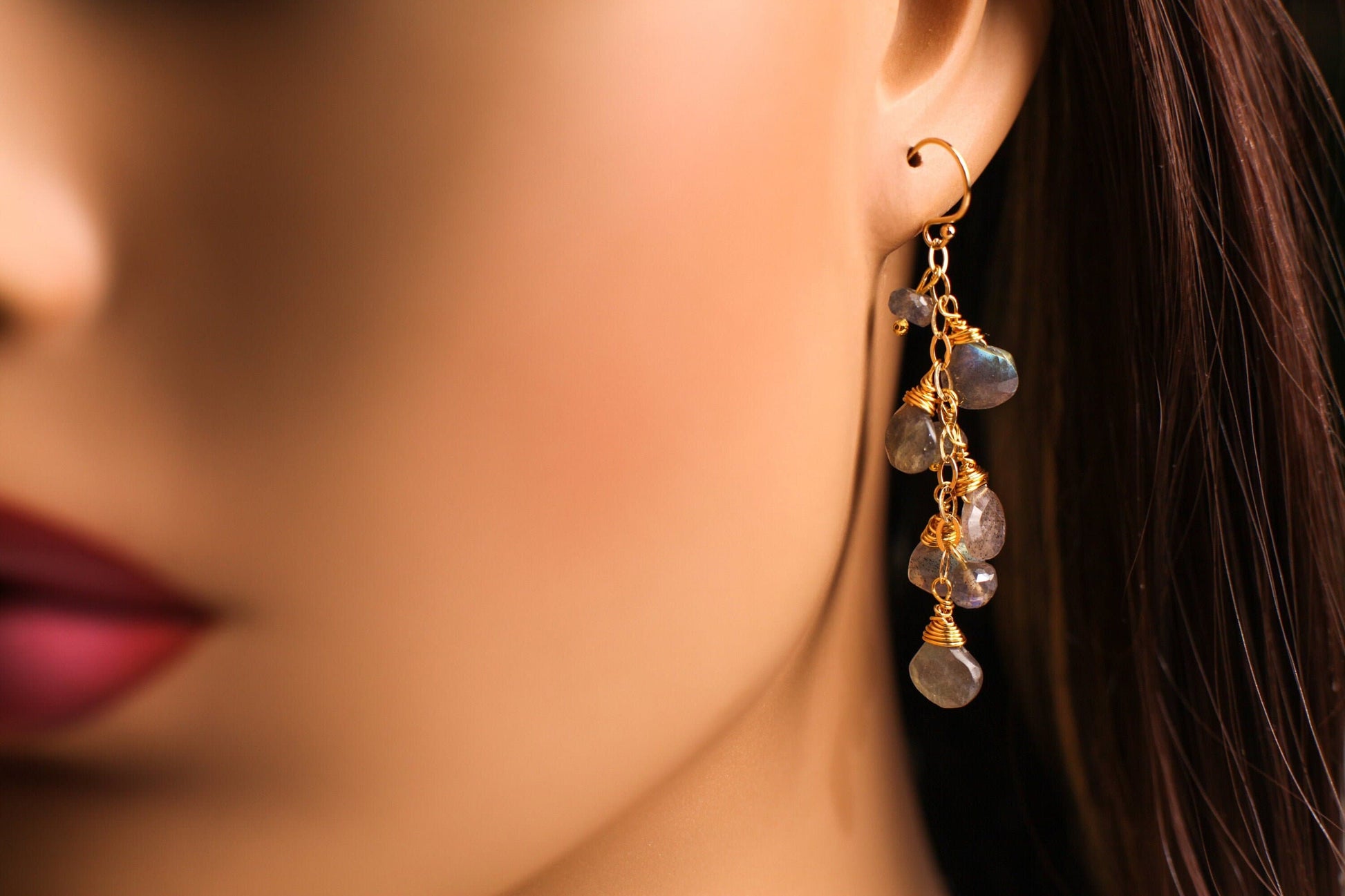 Labradorite Faceted Heart Pear Drop Cascade Dangling Wire Wrap Handmade 14K Gold Filled Earring