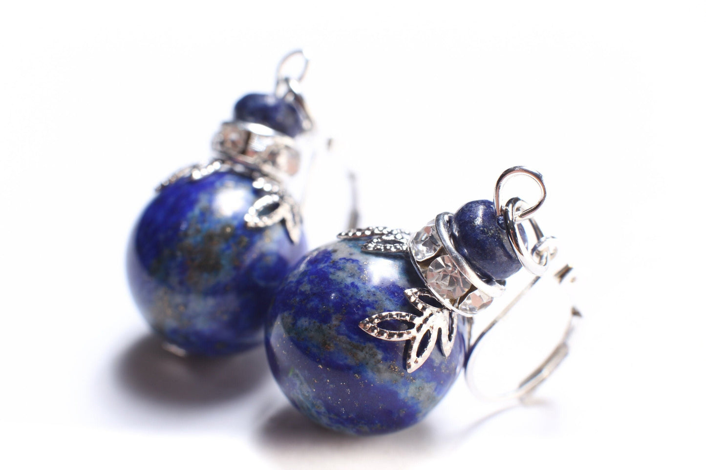 Lapis Lazuli Earrings, Natural Lapis 16mm large round bead, Bali Style Rhodium hammered Bead cap, silver Leverback Ear wire.