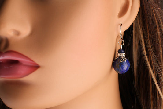 Lapis Lazuli Earrings, Natural Lapis 16mm large round bead, Bali Style Rhodium hammered Bead cap, silver Leverback Ear wire.