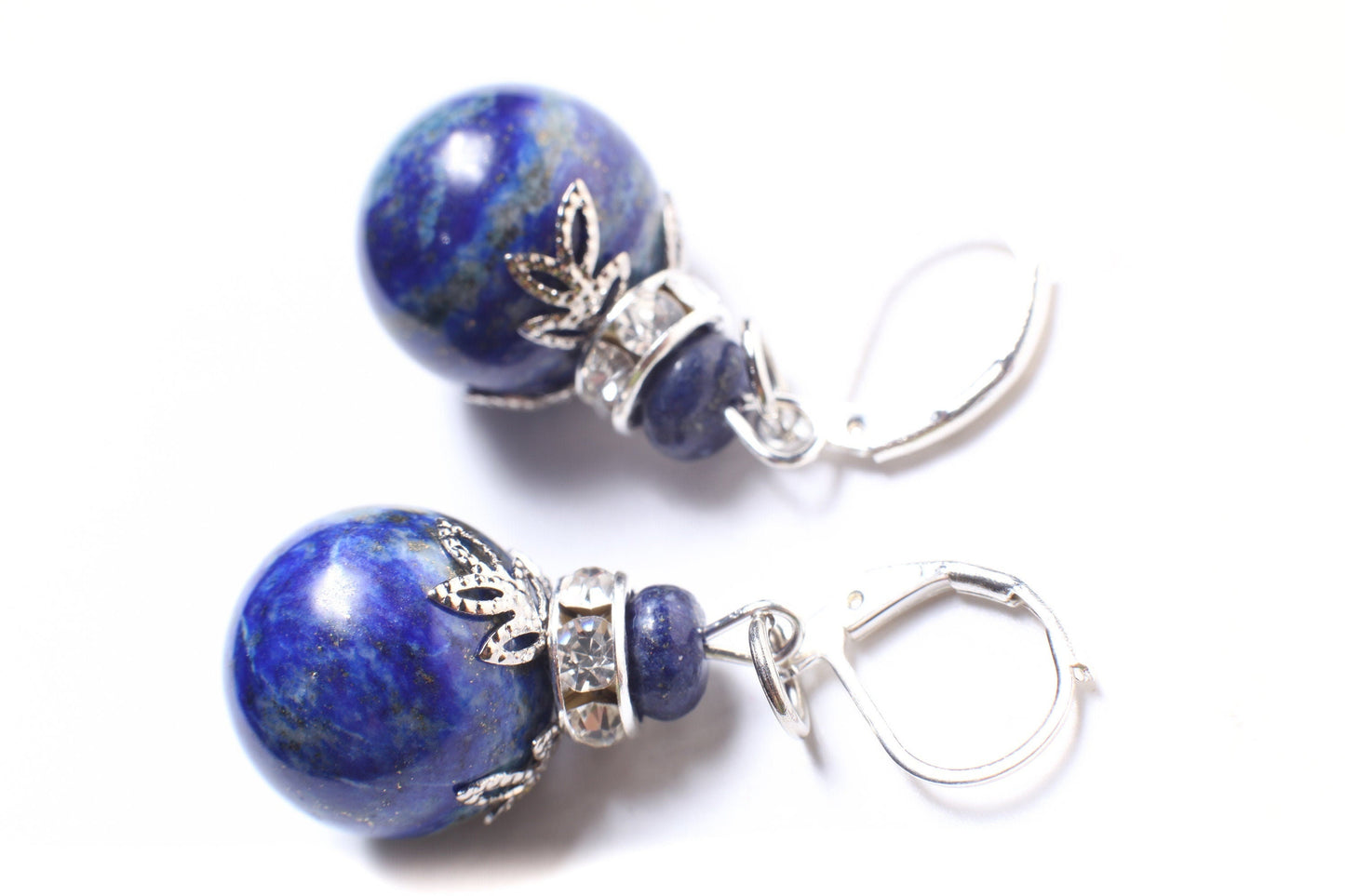 Lapis Lazuli Earrings, Natural Lapis 16mm large round bead, Bali Style Rhodium hammered Bead cap, silver Leverback Ear wire.