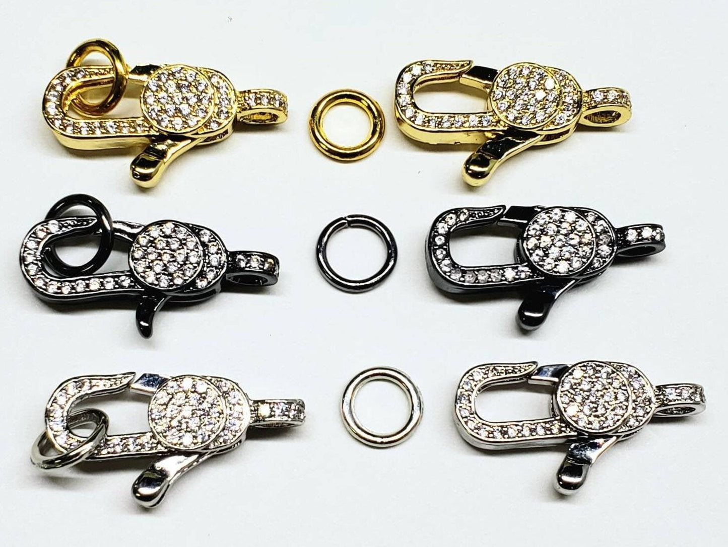 Cubic zirconia cz micro pave lobster clasp with ring ,gold / rhodium silver and black oxidized. Jewelry making necklaces fancy clasp 1pc