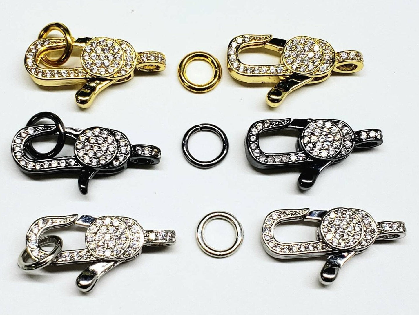 Cubic zirconia cz micro pave lobster clasp with ring ,gold / rhodium silver and black oxidized. Jewelry making necklaces fancy clasp 1pc