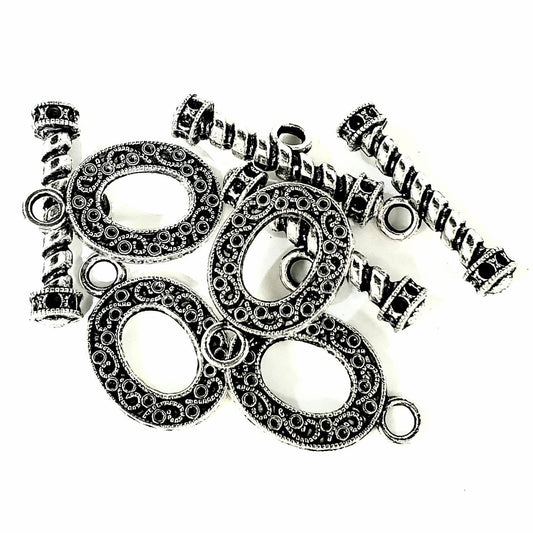 2 sets bali style silver plated oxidized brass heavy duty large oval toggle clasp 21×33mm oval & 39mm bar double sided pattern .