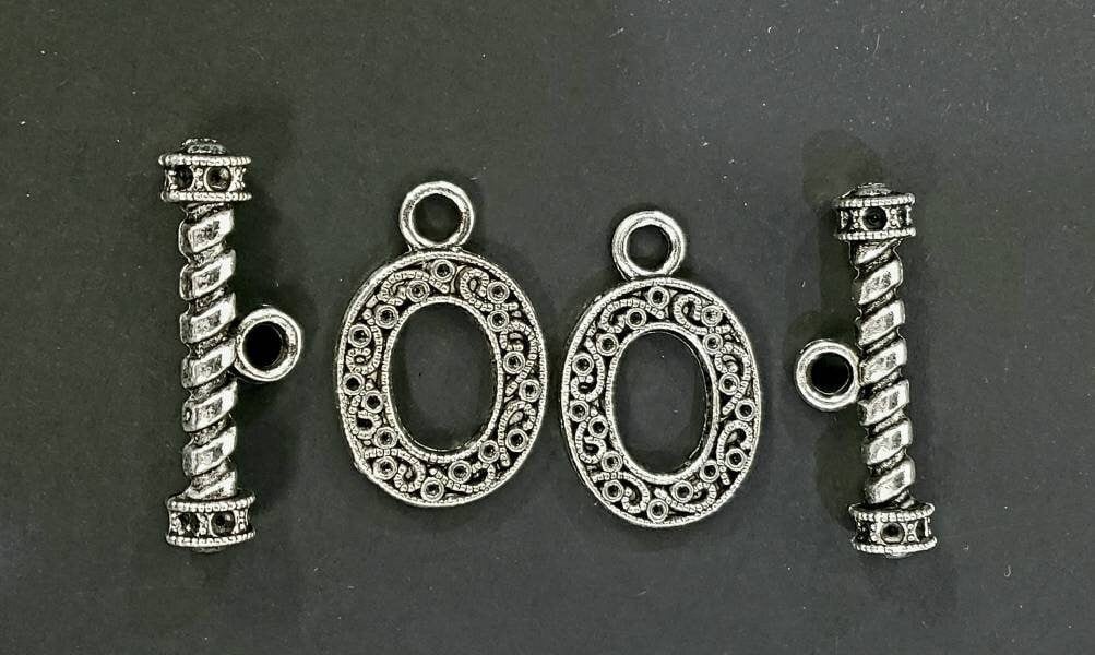 2 sets bali style silver plated oxidized brass heavy duty large oval toggle clasp 21×33mm oval & 39mm bar double sided pattern .