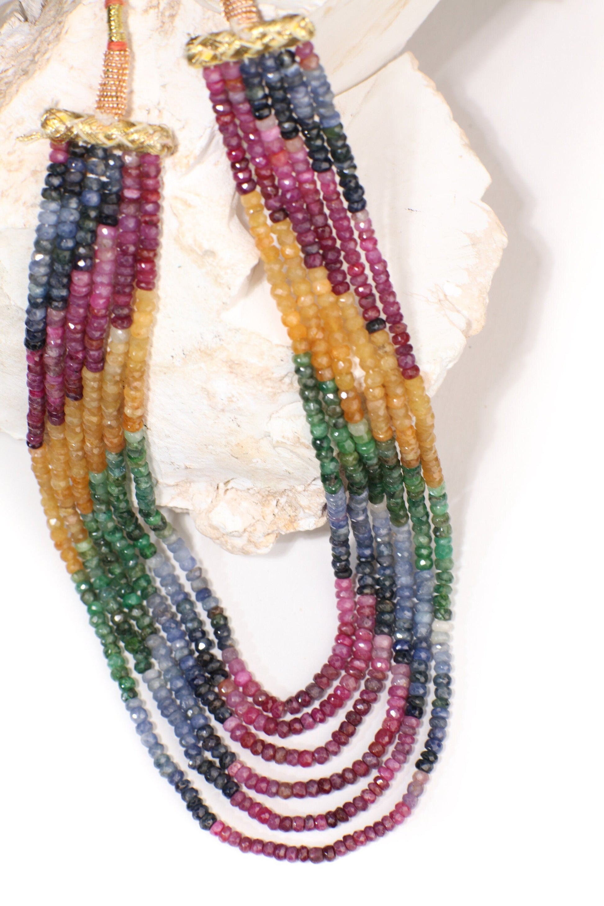 Natural Multi Sapphire 6 Line 3.5mm Faceted Roundel Gemstones 16.5" Adjustable Necklace