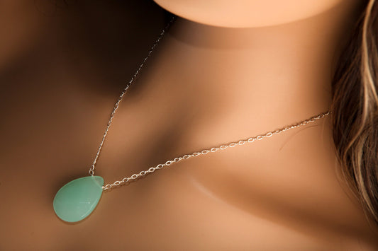 Aqua Chalcedony Faceted Pear Drop 22x30mm, Natural Gemstones in 925 Sterling Silver Chain or 14K Gold Filled Chain