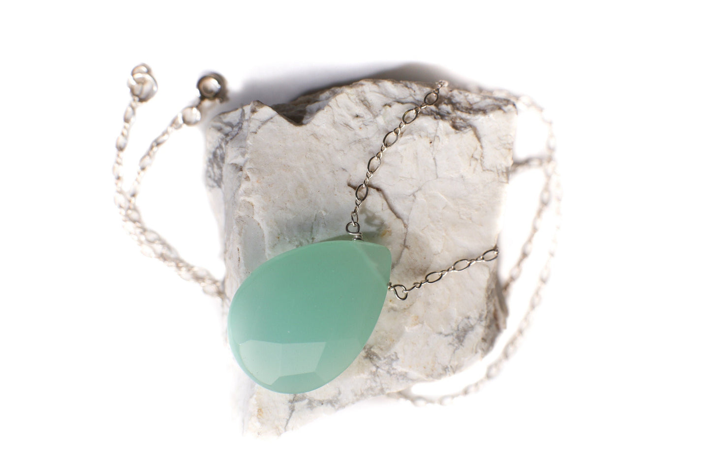 Aqua Chalcedony Faceted Pear Drop 22x30mm, Natural Gemstones in 925 Sterling Silver Chain or 14K Gold Filled Chain