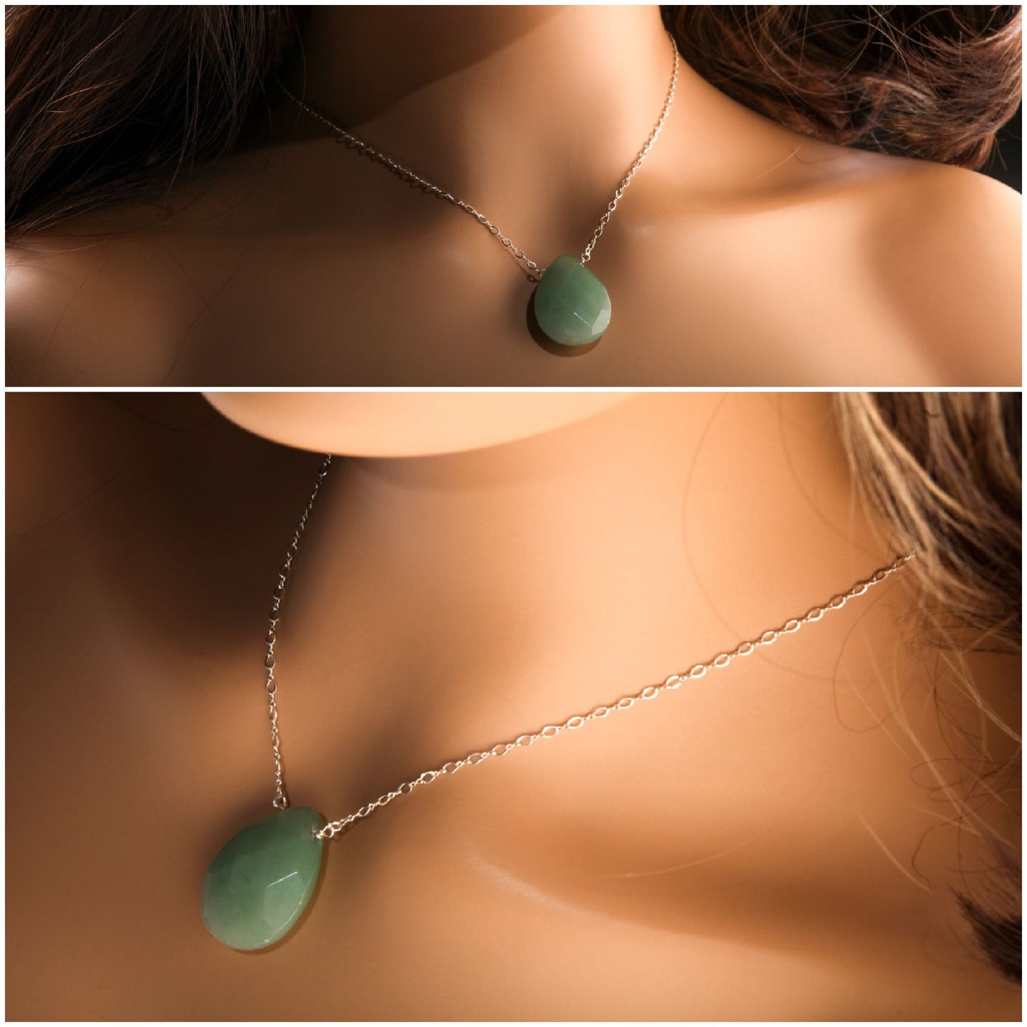 Green Aventurine Natural Gemstones Faceted large Pear Drop 22x30mm in 925 Sterling Silver or 14K Gold Filled Chain