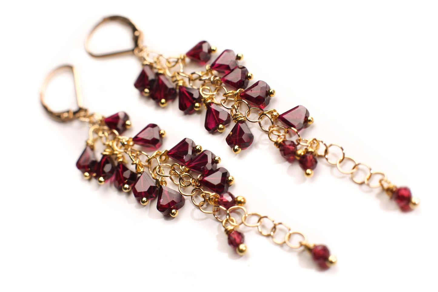 Genuine Garnet Faceted Merlot Red Cascade and Dangling Wire Wrap Handmade 14K Gold Filled or Sterling silver Leverback Earrings, Bridal gift