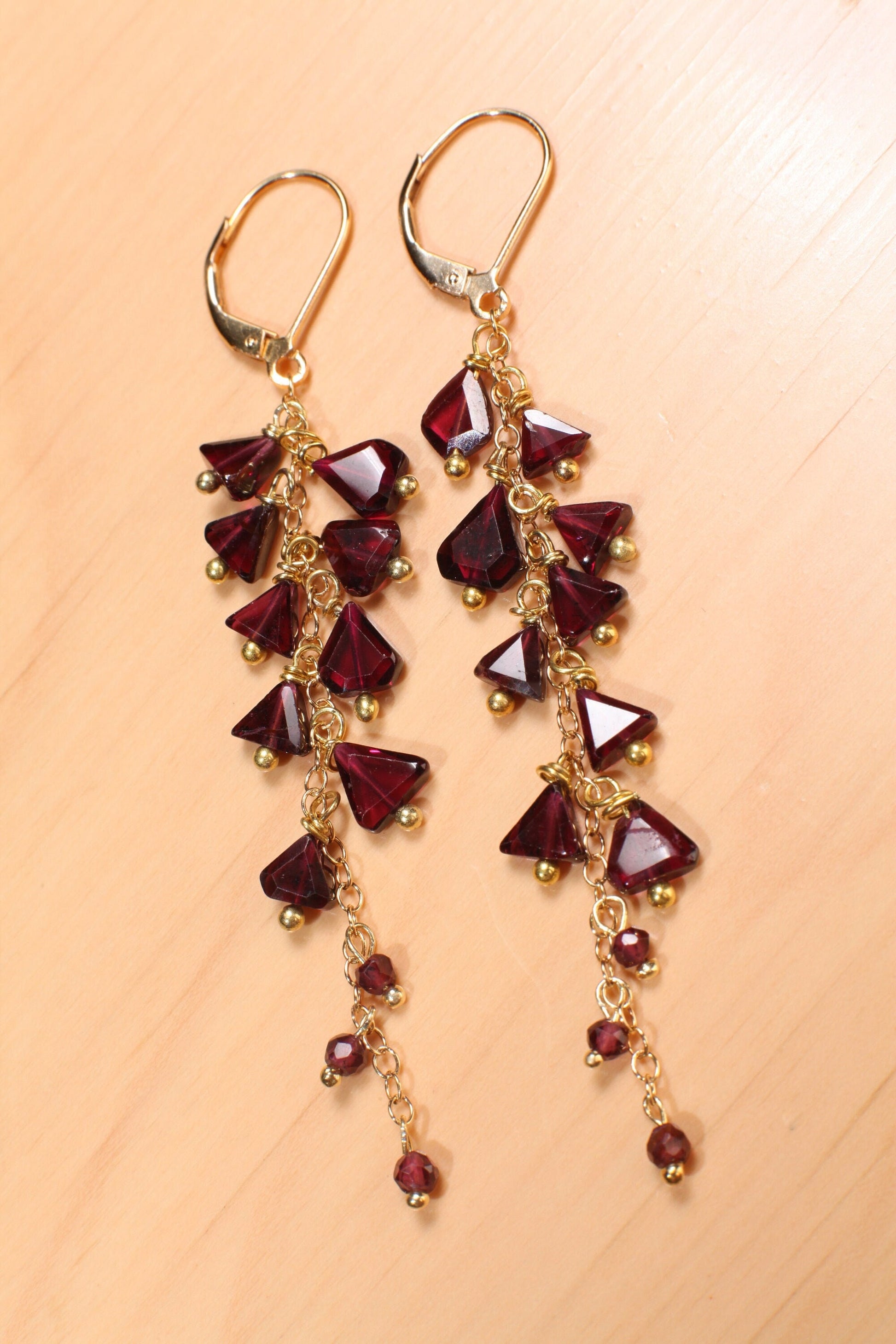 Genuine Garnet Faceted Merlot Red Cascade and Dangling Wire Wrap Handmade 14K Gold Filled or Sterling silver Leverback Earrings, Bridal gift
