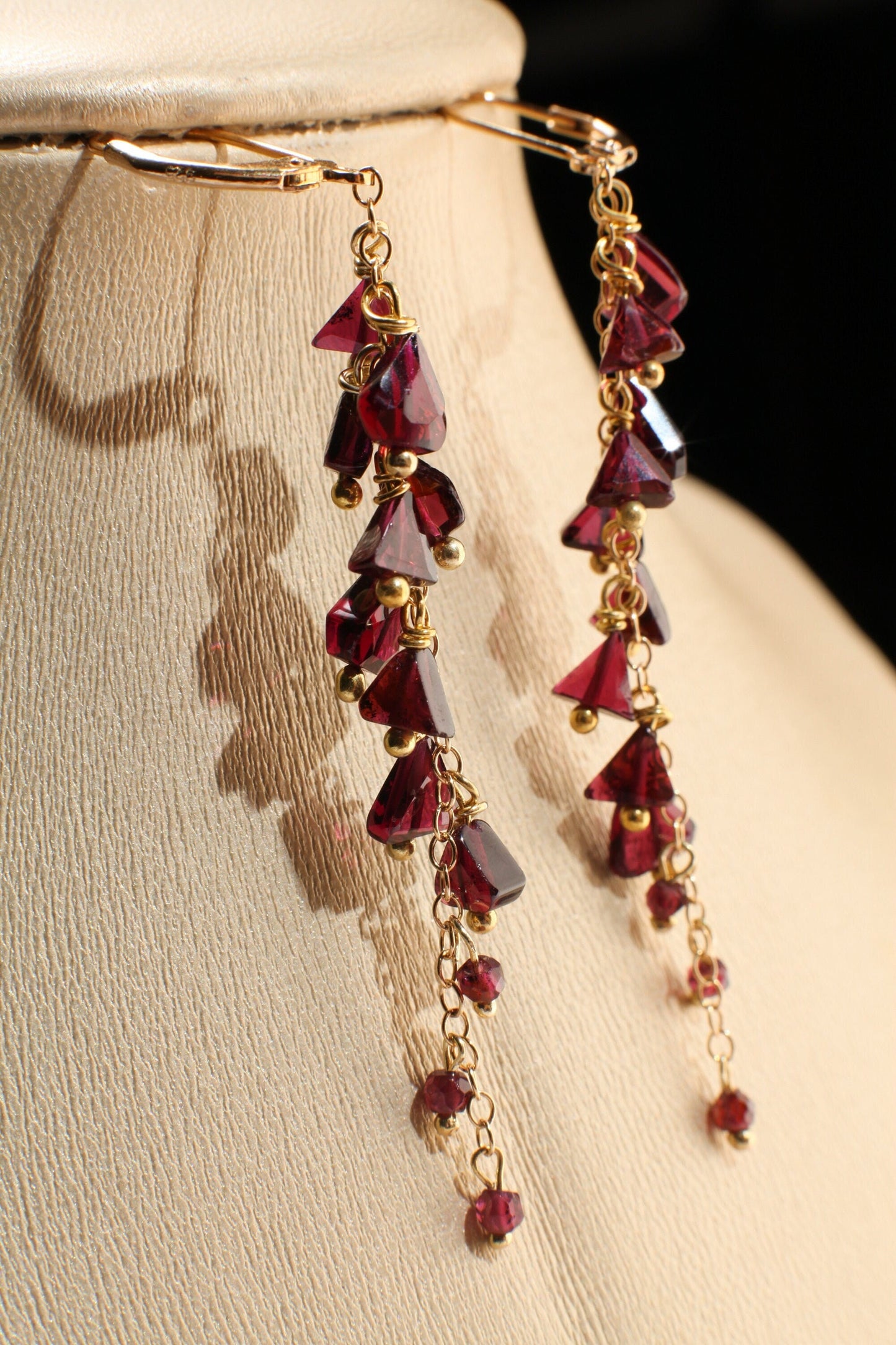 Genuine Garnet Faceted Merlot Red Cascade and Dangling Wire Wrap Handmade 14K Gold Filled or Sterling silver Leverback Earrings, Bridal gift