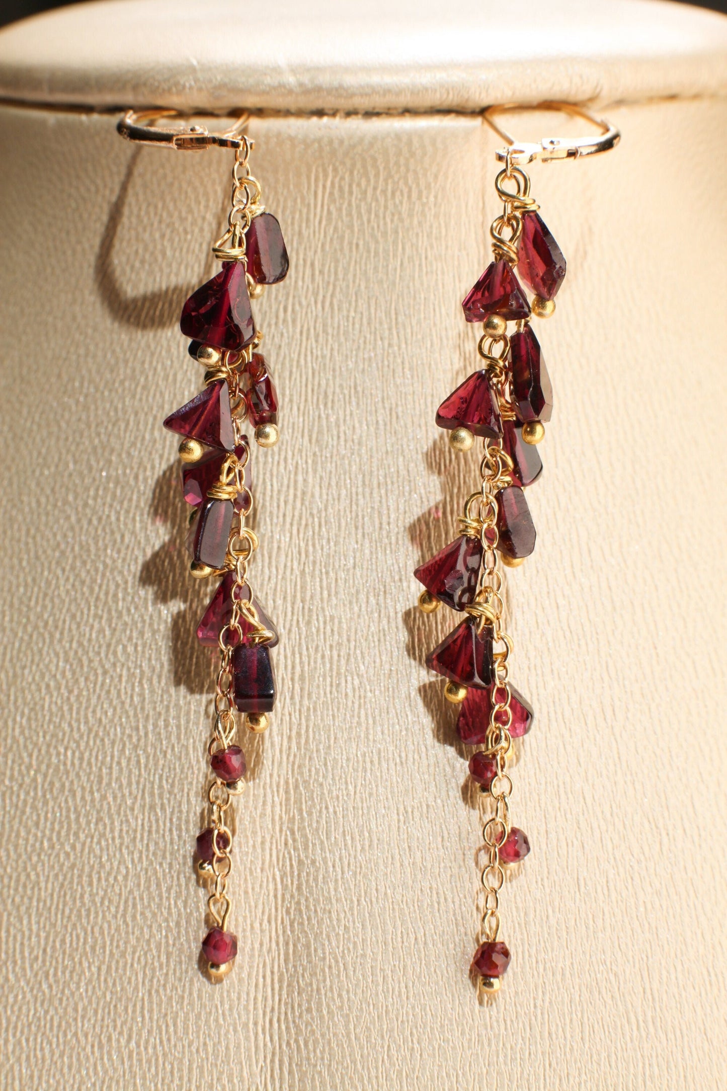 Genuine Garnet Faceted Merlot Red Cascade and Dangling Wire Wrap Handmade 14K Gold Filled or Sterling silver Leverback Earrings, Bridal gift