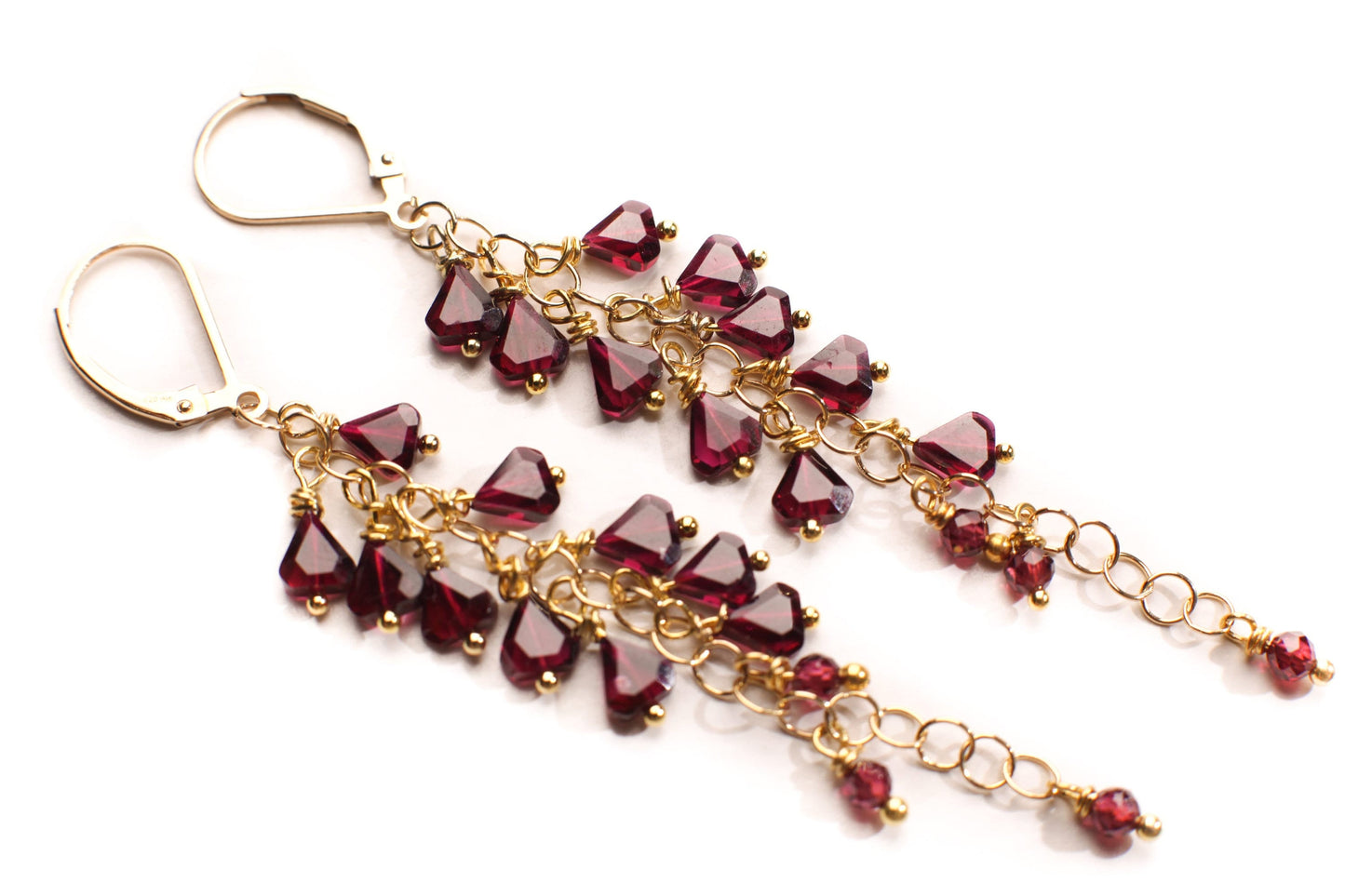 Genuine Garnet Faceted Merlot Red Cascade and Dangling Wire Wrap Handmade 14K Gold Filled or Sterling silver Leverback Earrings, Bridal gift