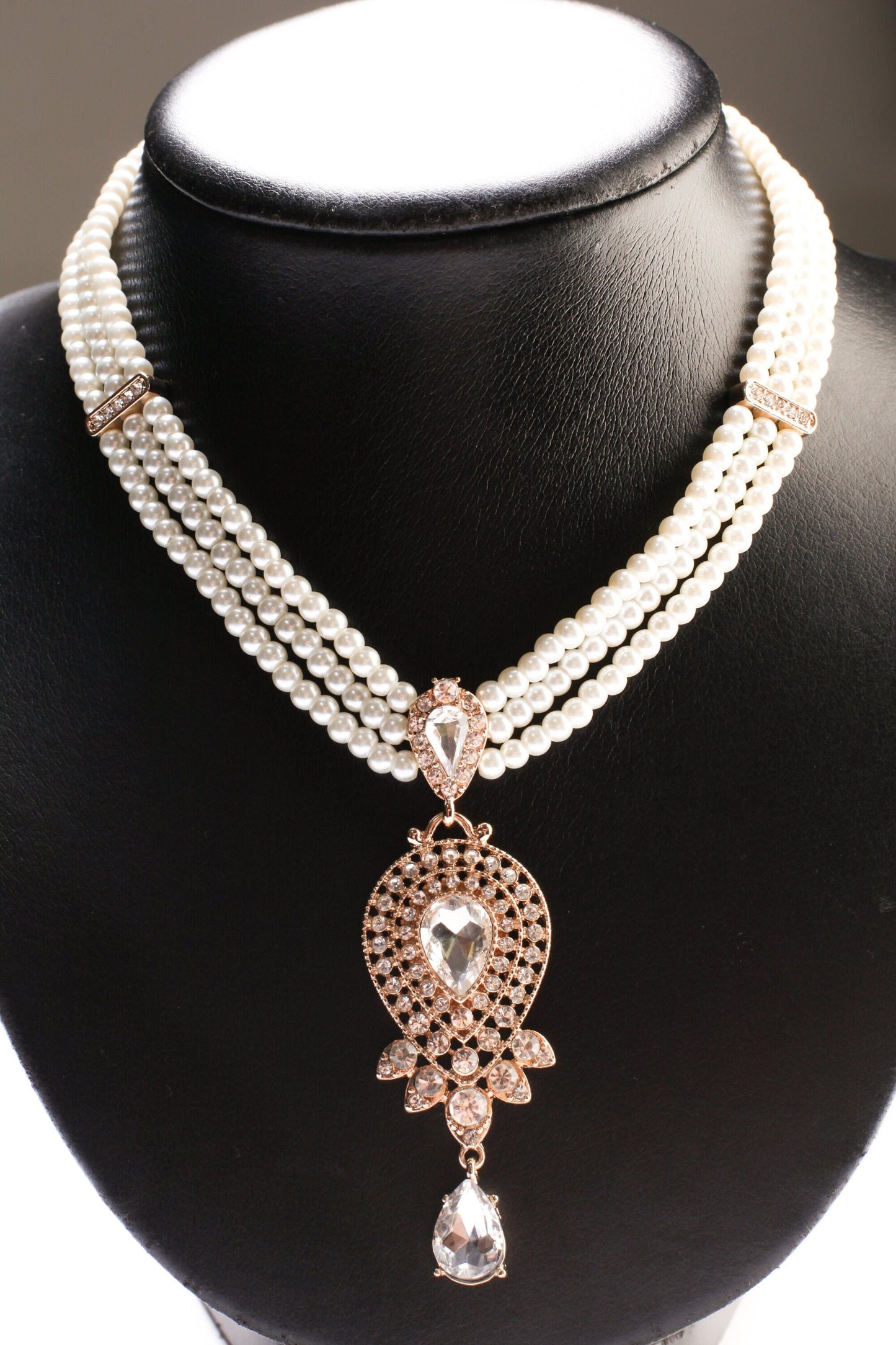 3 Line Pearl Necklace, CZ cubic. Zirconia Fancy Gold Pendant Bridal Necklace 17.5&quot; with Extension