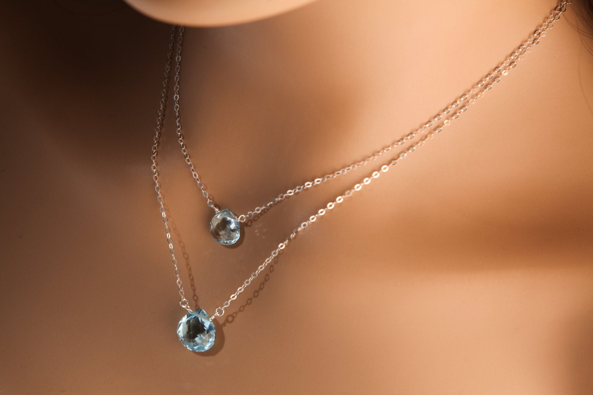 Swiss Blue Topaz Faceted Heart Briolette Teardrop AAA Quality 10.5mm and 12.5mm cut Gems in 925 Sterling Silver Necklace December birthstone