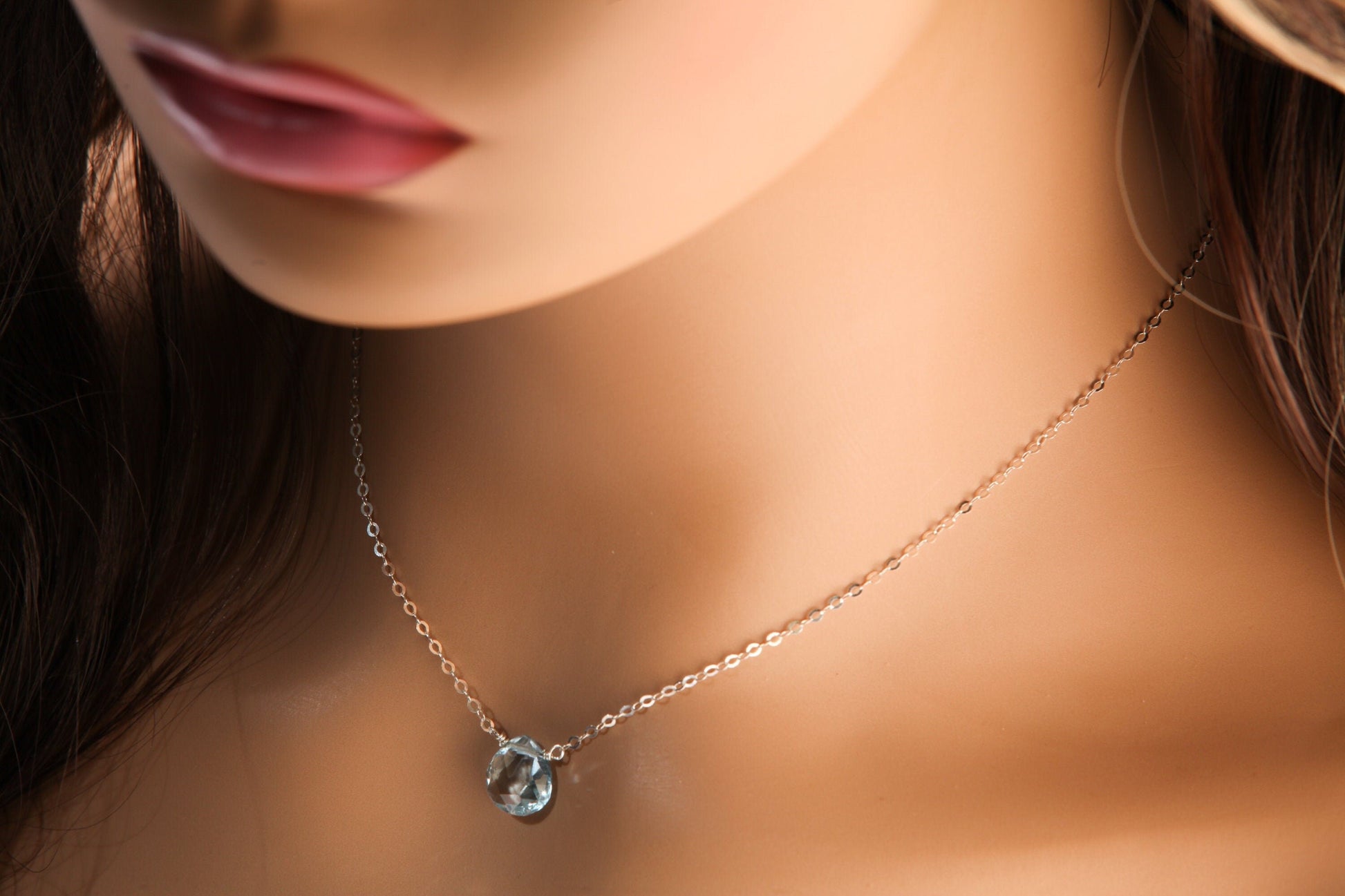 Swiss Blue Topaz Faceted Heart Briolette Teardrop AAA Quality 10.5mm and 12.5mm cut Gems in 925 Sterling Silver Necklace December birthstone